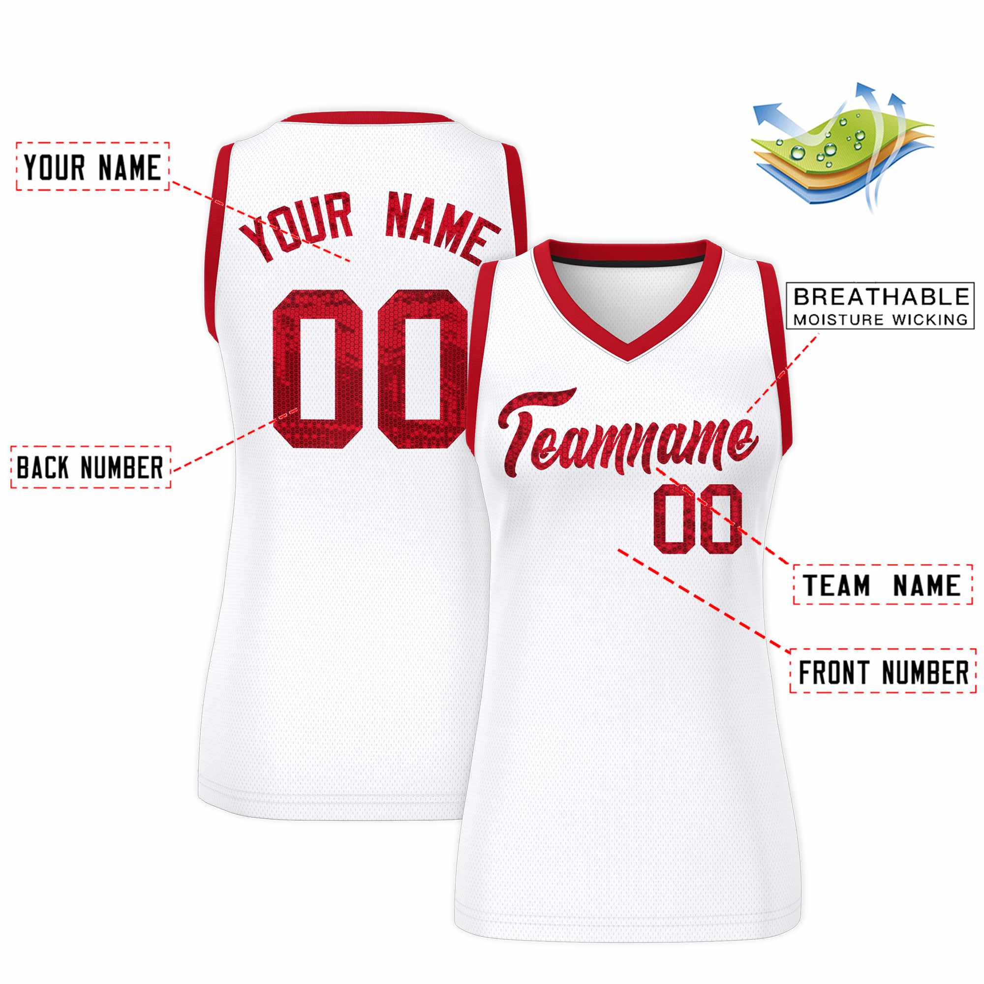 Custom White Red Women Basketball Jersey Sequined Dress|KXKSHOP