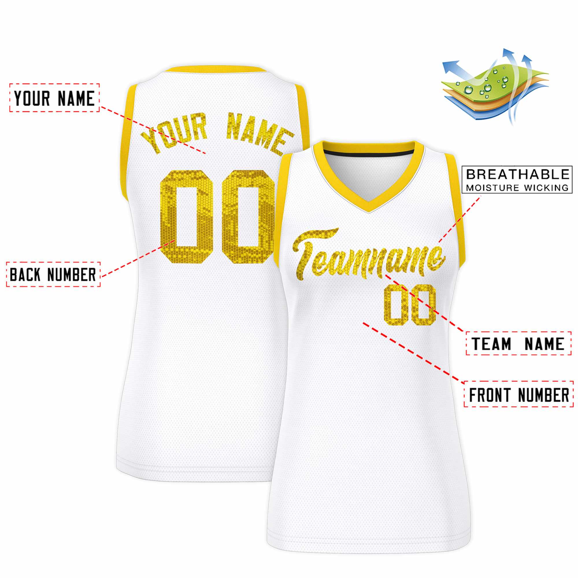 Custom White Gold Women Basketball Jersey Sequined Dress|KXKSHOP