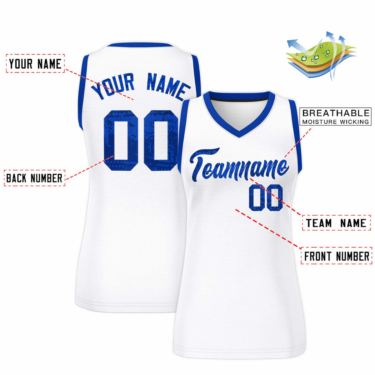 Custom White Royal Women Basketball Jersey Sequined Dress|KXKSHOP