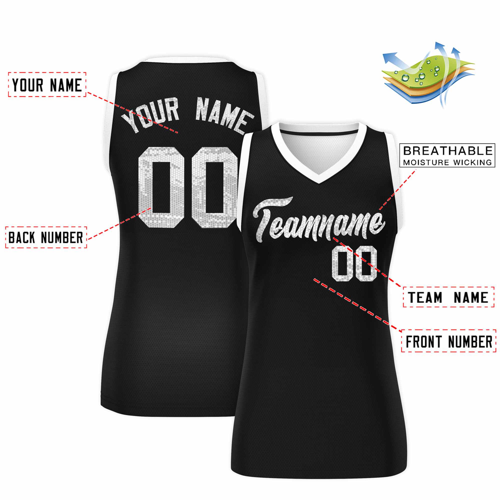Custom Black White Women Basketball Jersey Sequined Dress|KXKSHOP