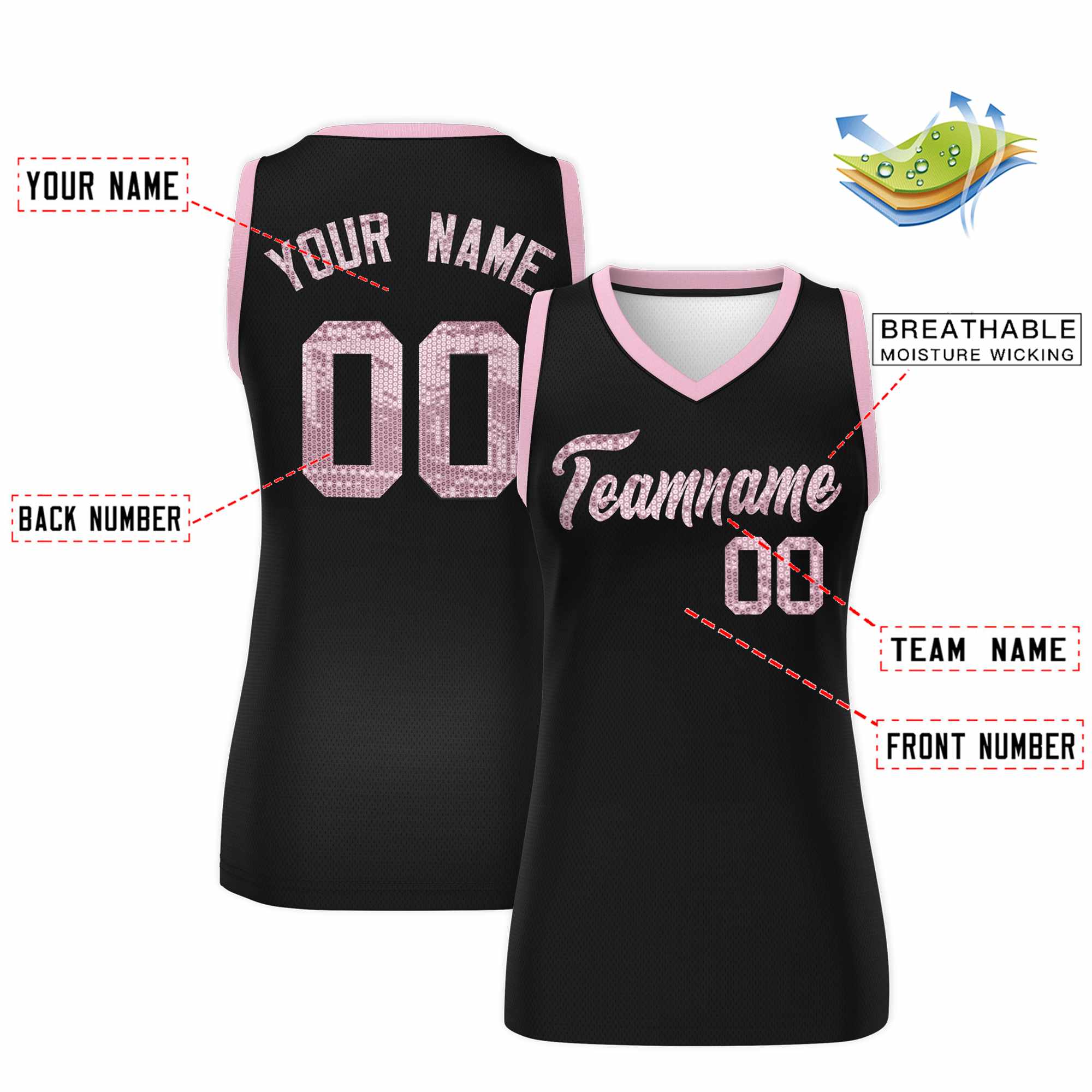 Custom Black Light Pink Women Basketball Jersey Sequined Dress|KXKSHOP