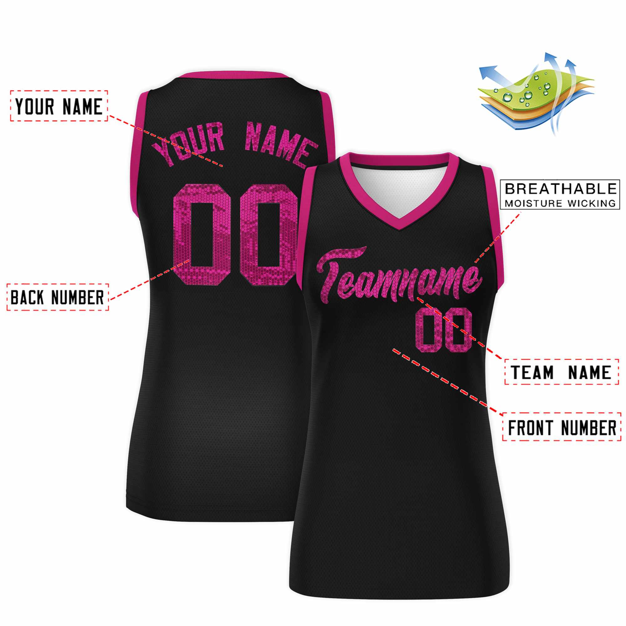 Custom Black Pink Women Basketball Jersey Sequined Dress|KXKSHOP