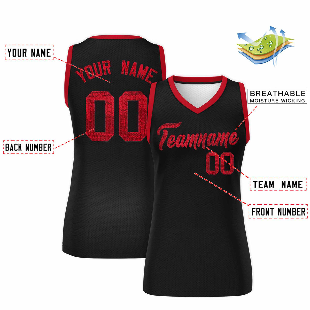 Custom Black Red Women Basketball Jersey Sequined Dress|KXKSHOP