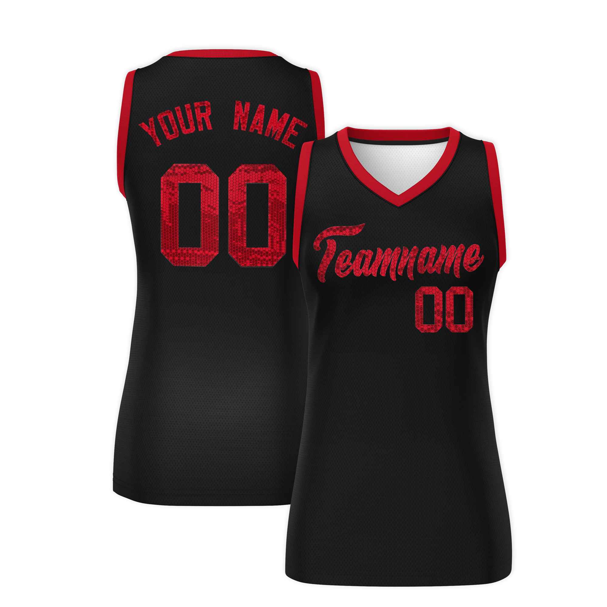 Custom Black Red Women Basketball Jersey Sequined Dress|KXKSHOP