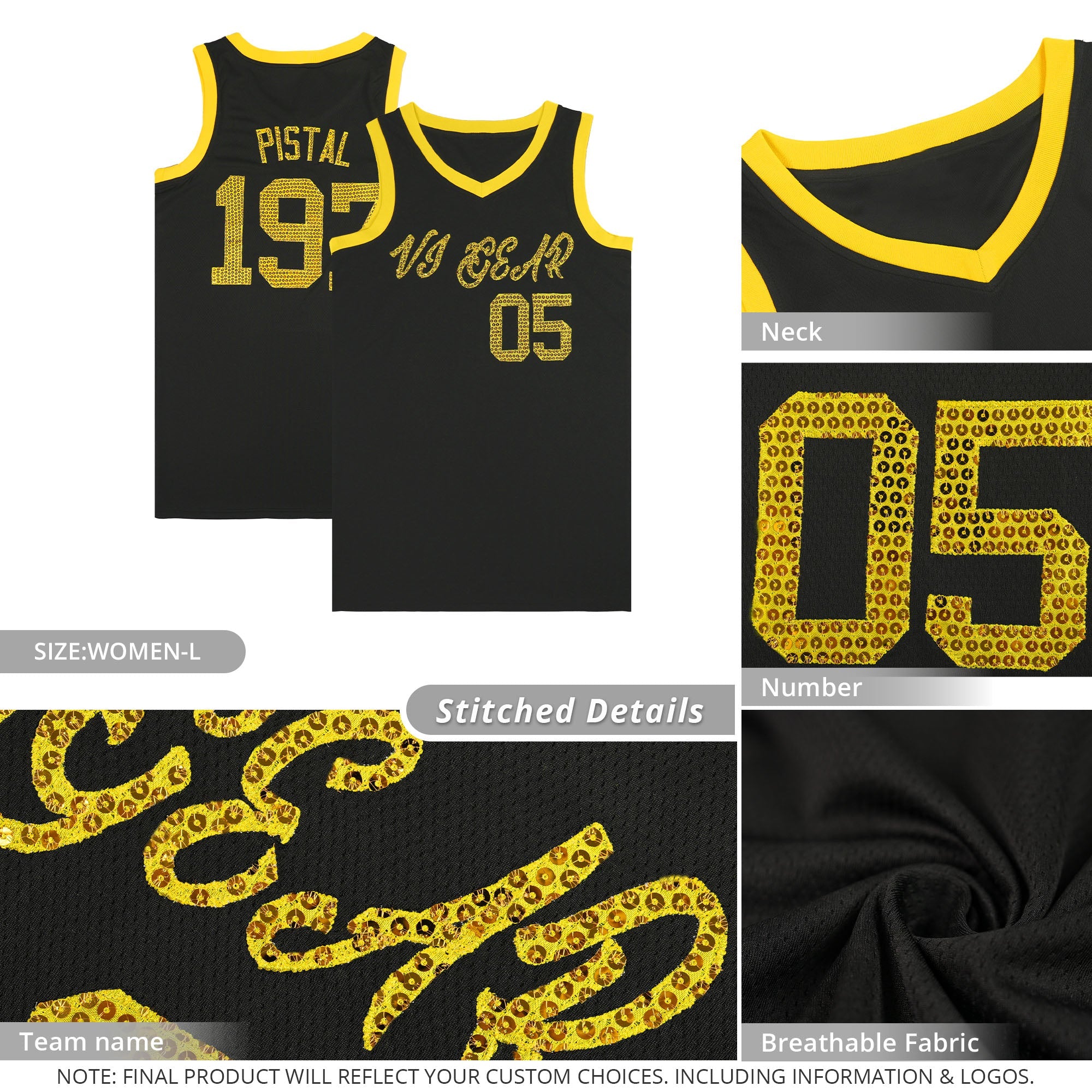 Custom Black Gold Women Basketball Jersey Sequined Dress|KXKSHOP