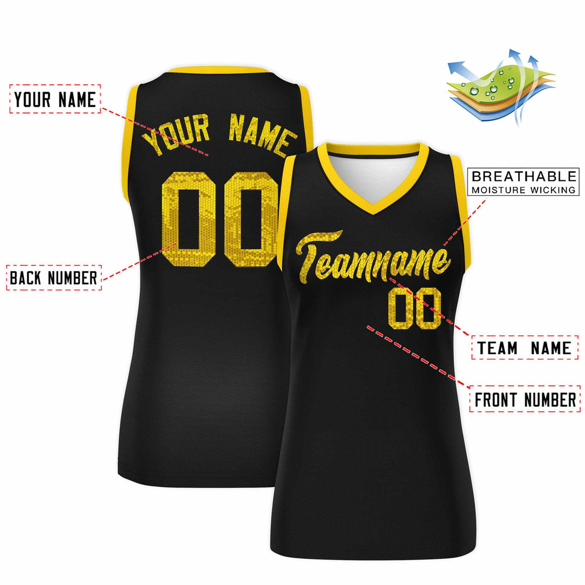 Custom Black Gold Women Basketball Jersey Sequined Dress|KXKSHOP