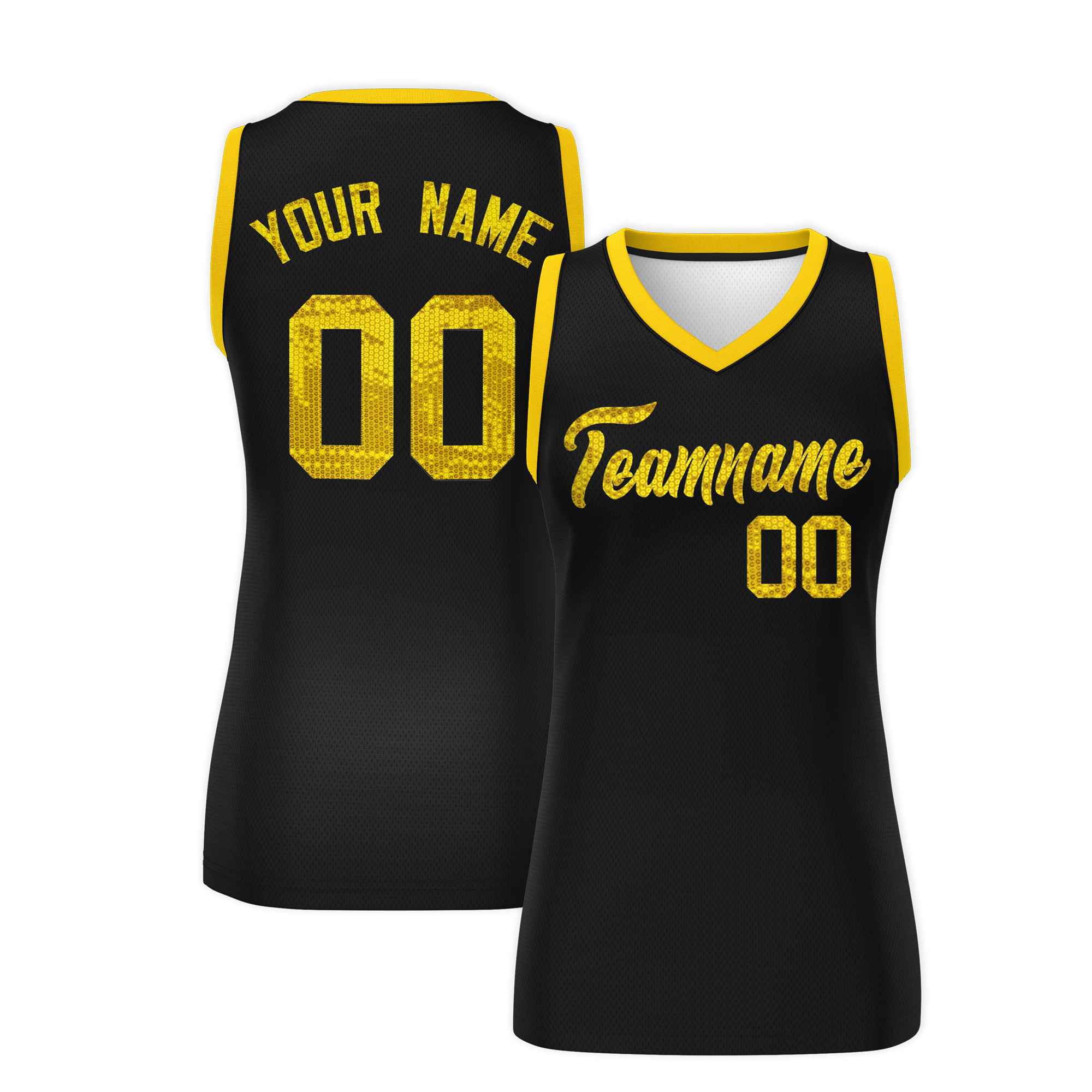Custom Black Gold Women Basketball Jersey Sequined Dress|KXKSHOP