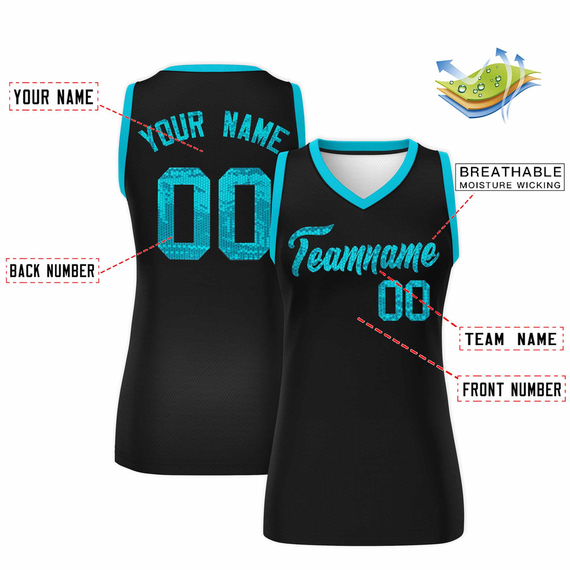 Custom Black Sky Blue Women Basketball Jersey Sequined Dress|KXKSHOP