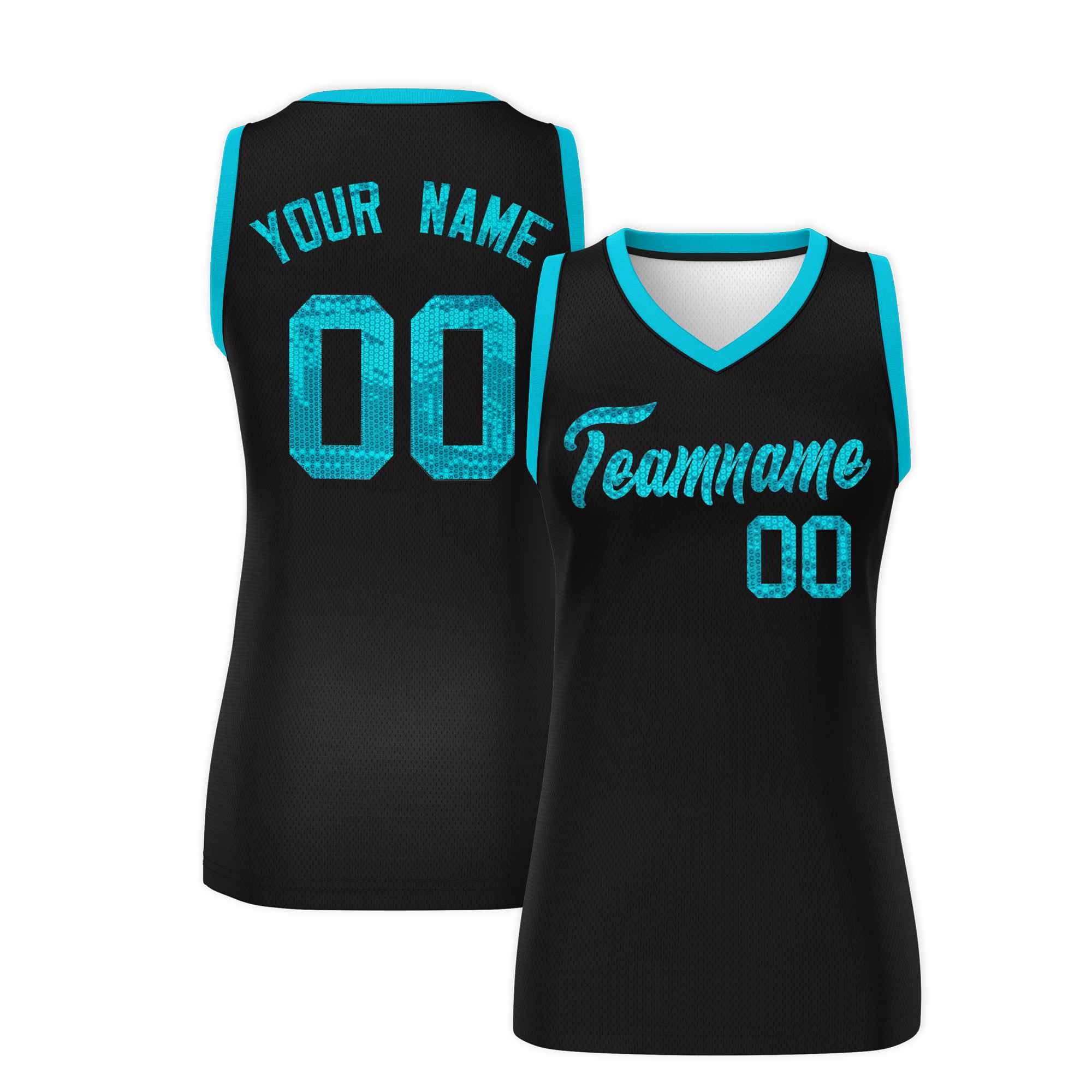 Custom Black Sky Blue Women Basketball Jersey Sequined Dress|KXKSHOP