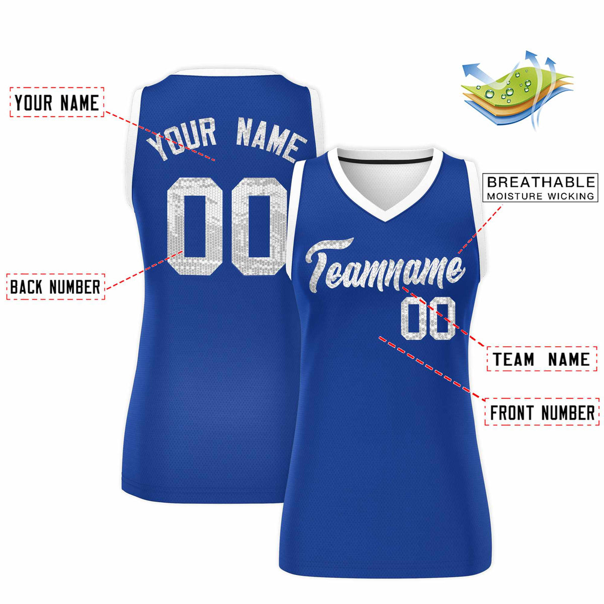 Custom Royal White Women Basketball Jersey Sequined Dress|KXKSHOP