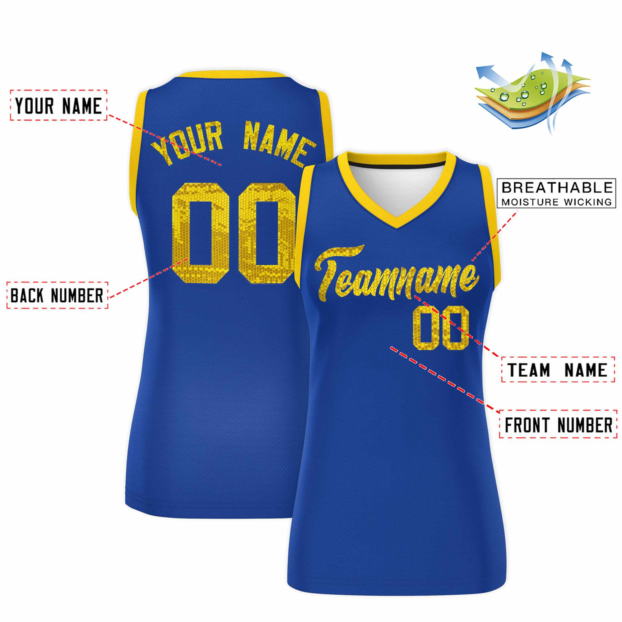 Custom Royal Gold Women Basketball Jersey Sequined Dress|KXKSHOP