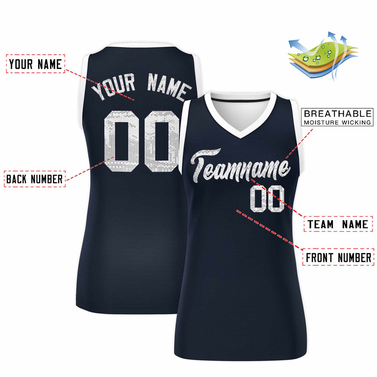 Custom Navy White Women Basketball Jersey Sequined Dress|KXKSHOP