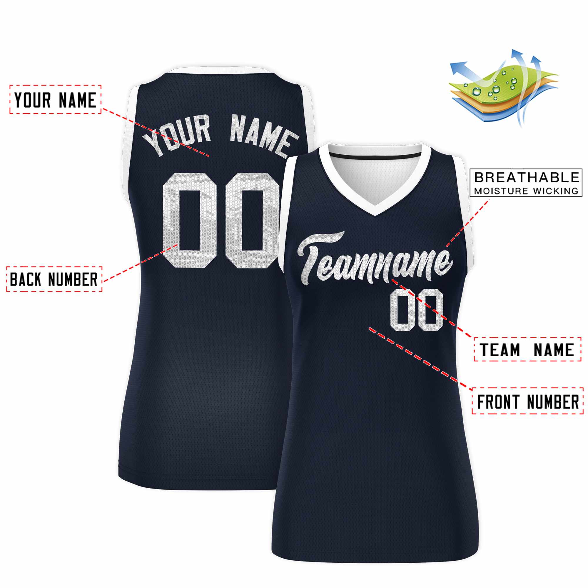 Custom Navy White Women Basketball Jersey Sequined Dress|KXKSHOP