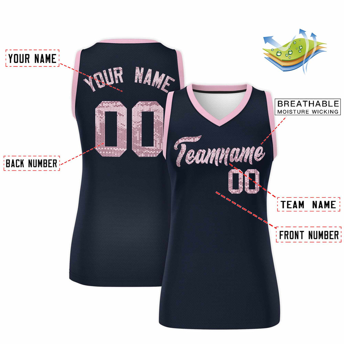 Custom Navy Light Pink Women Basketball Jersey Sequined Dress|KXKSHOP