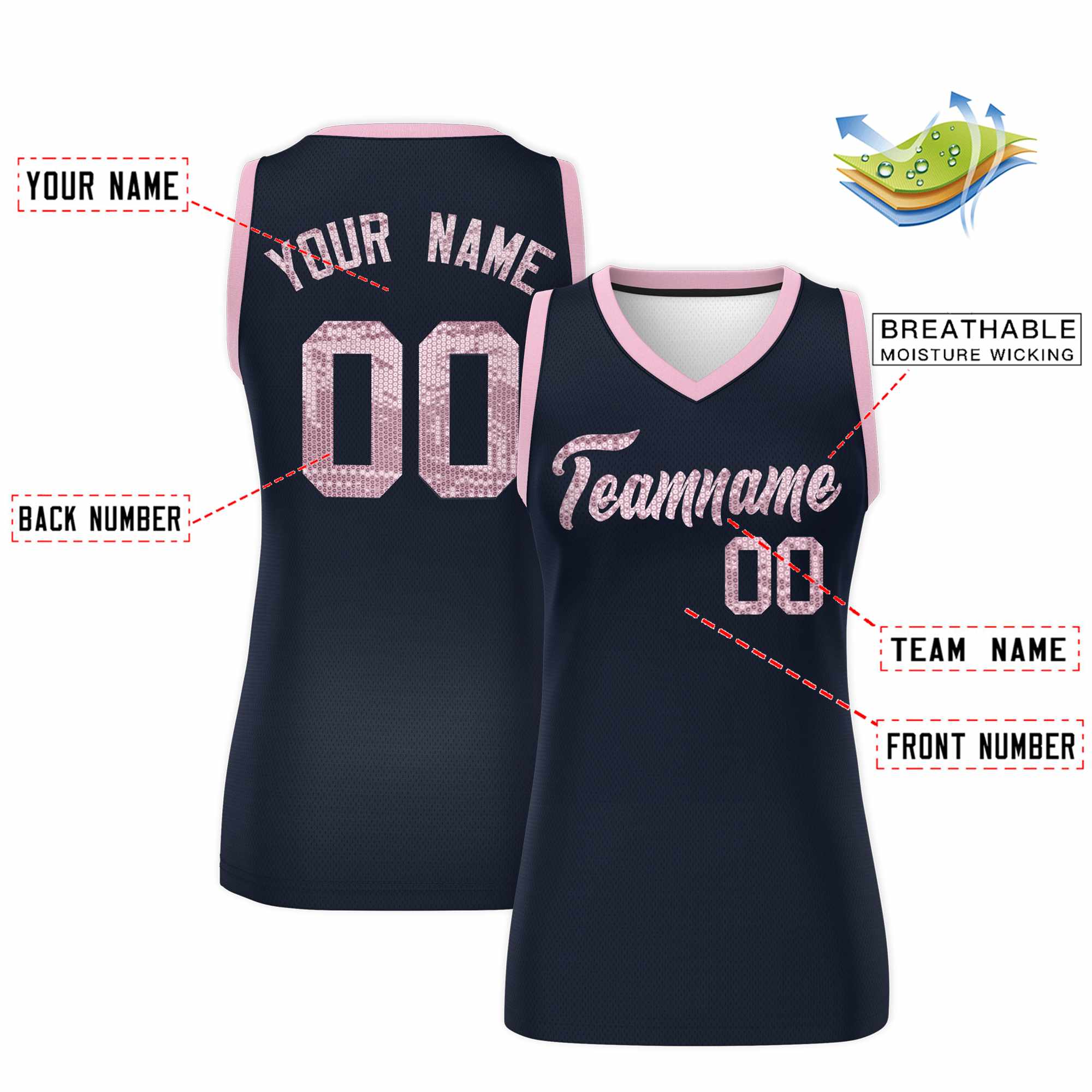 Custom Navy Light Pink Women Basketball Jersey Sequined Dress|KXKSHOP