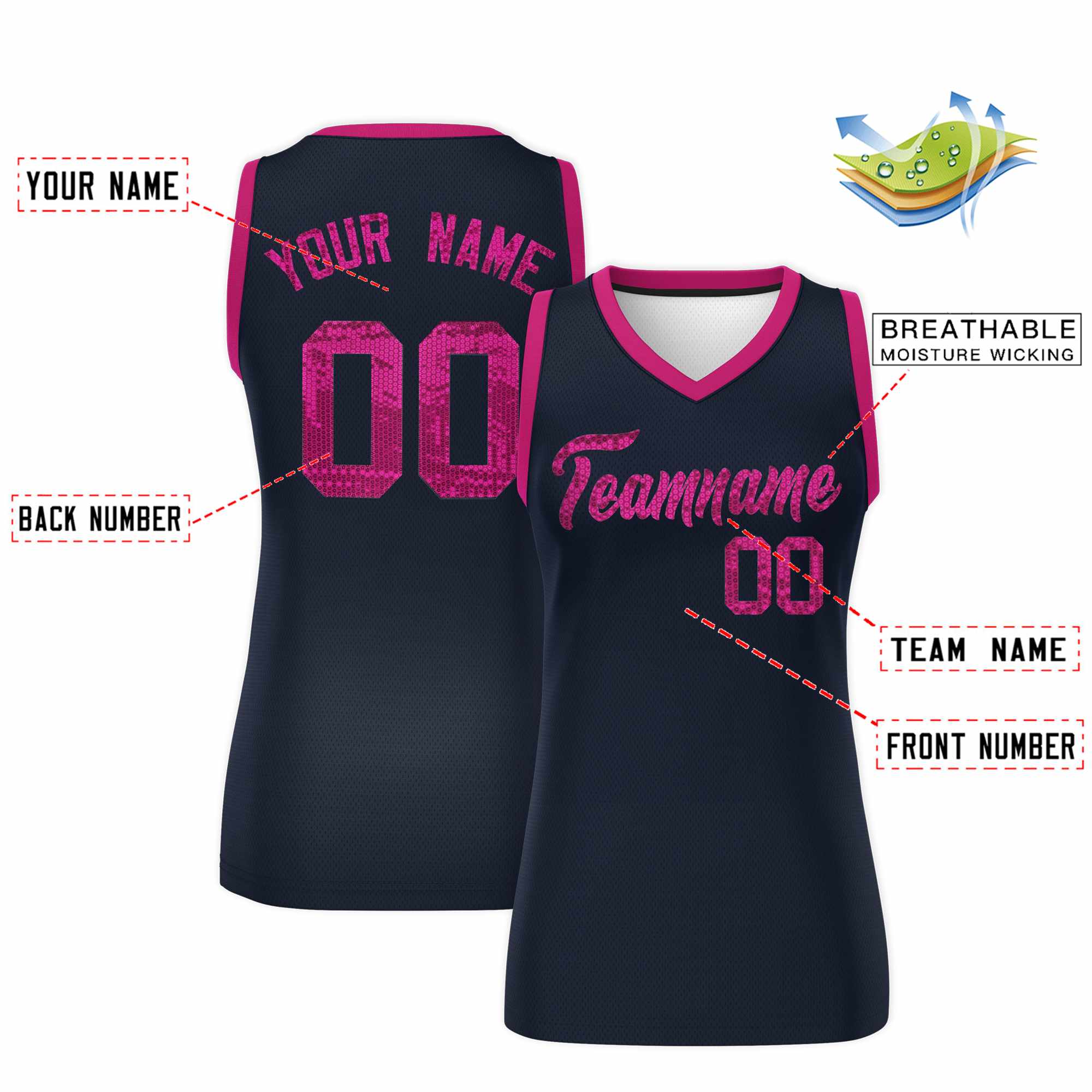 Custom Navy Pink Women Basketball Jersey Sequined Dress|KXKSHOP