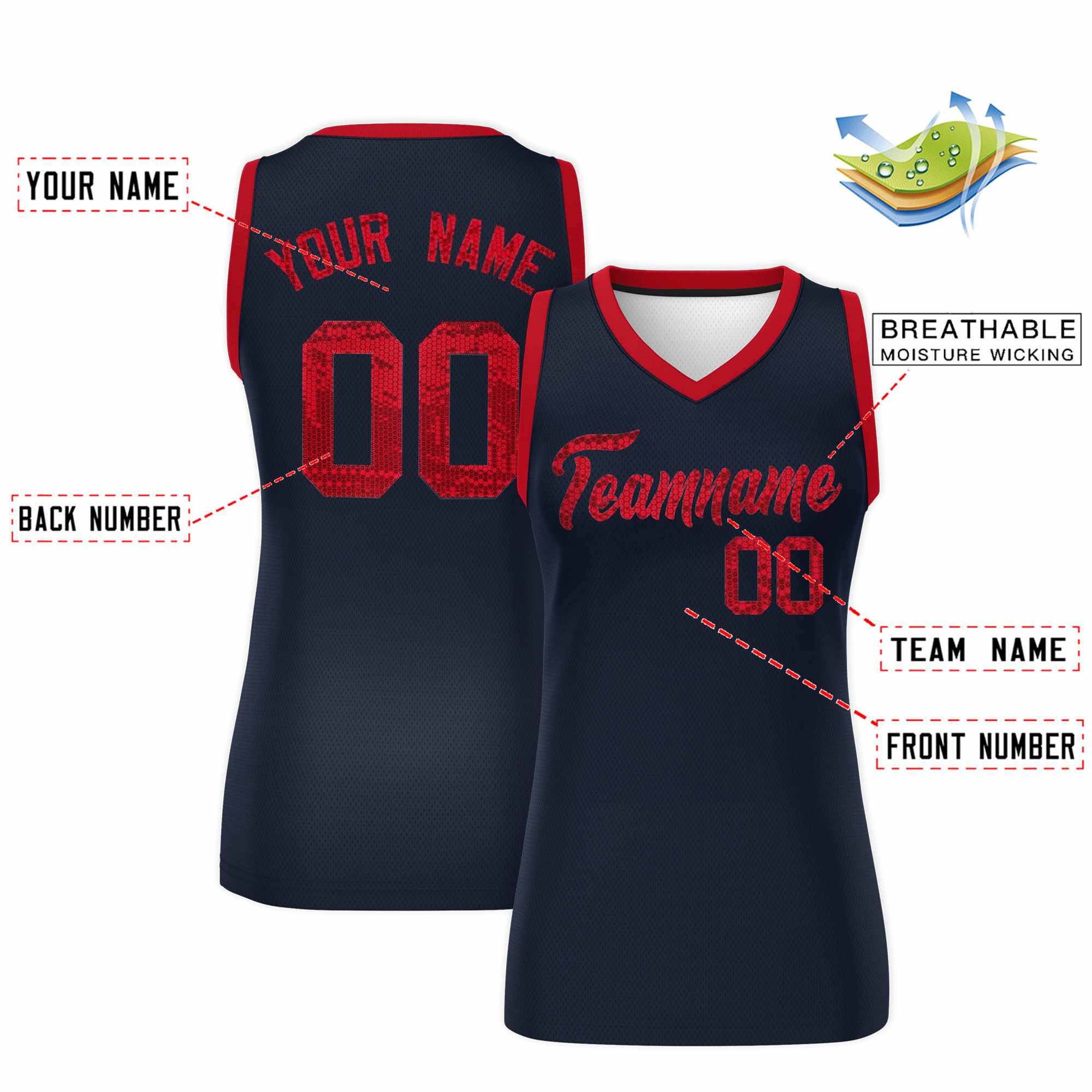 Custom Navy Red Women Basketball Jersey Sequined Dress|KXKSHOP