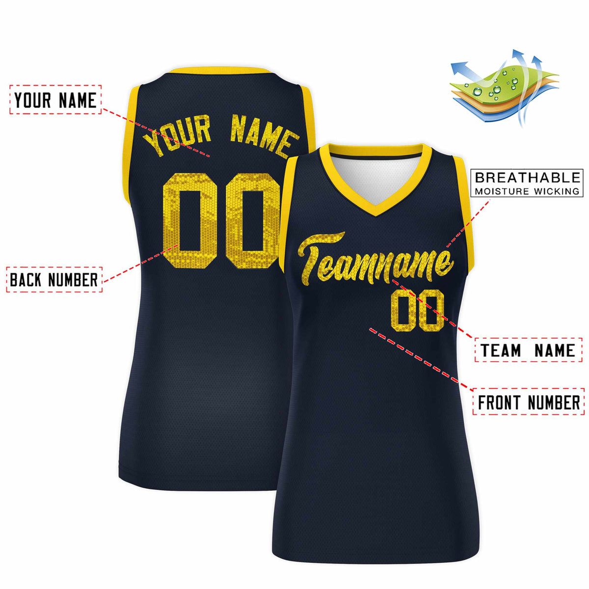 Custom Navy Gold Women Basketball Jersey Sequined Dress|KXKSHOP