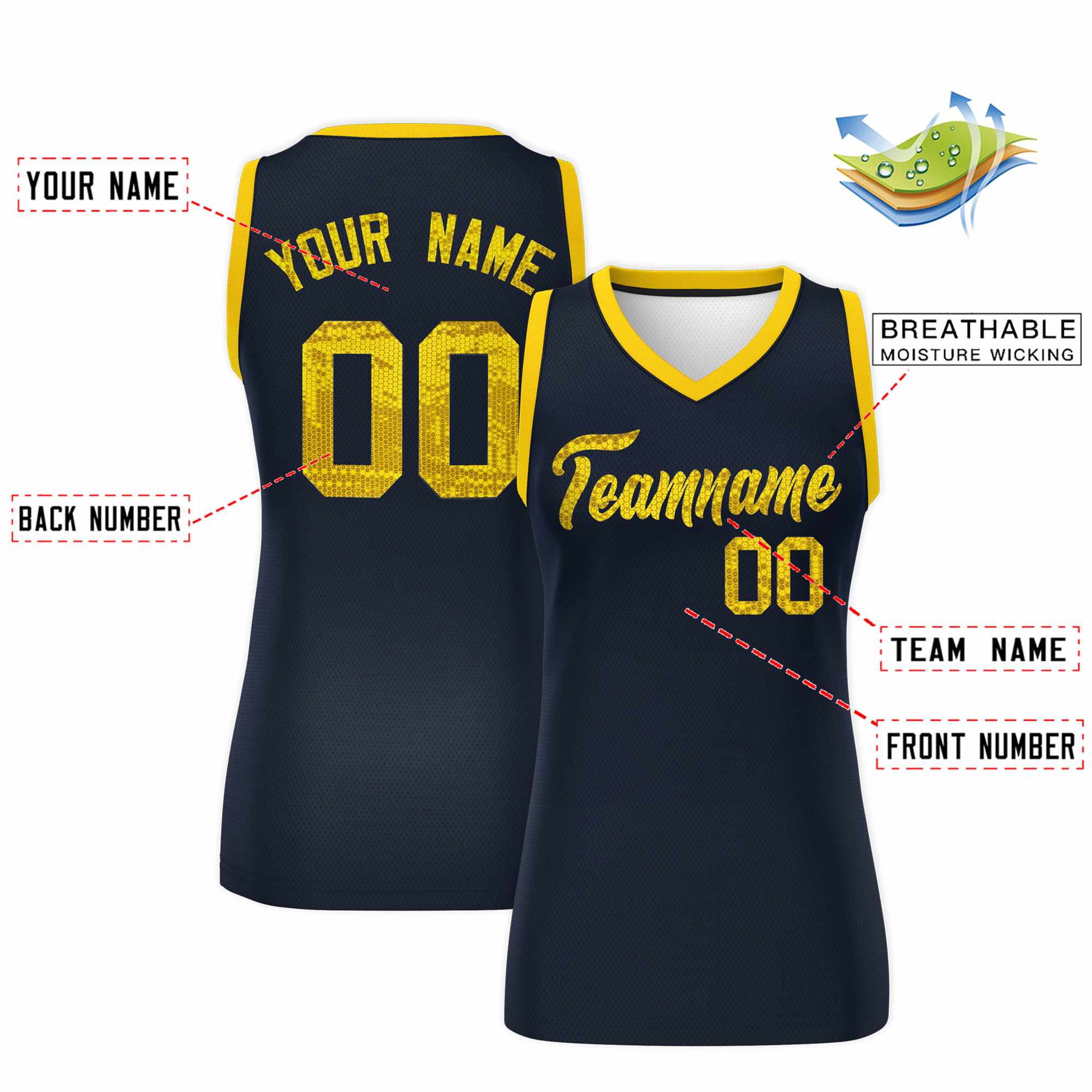 Custom Navy Gold Women Basketball Jersey Sequined Dress|KXKSHOP