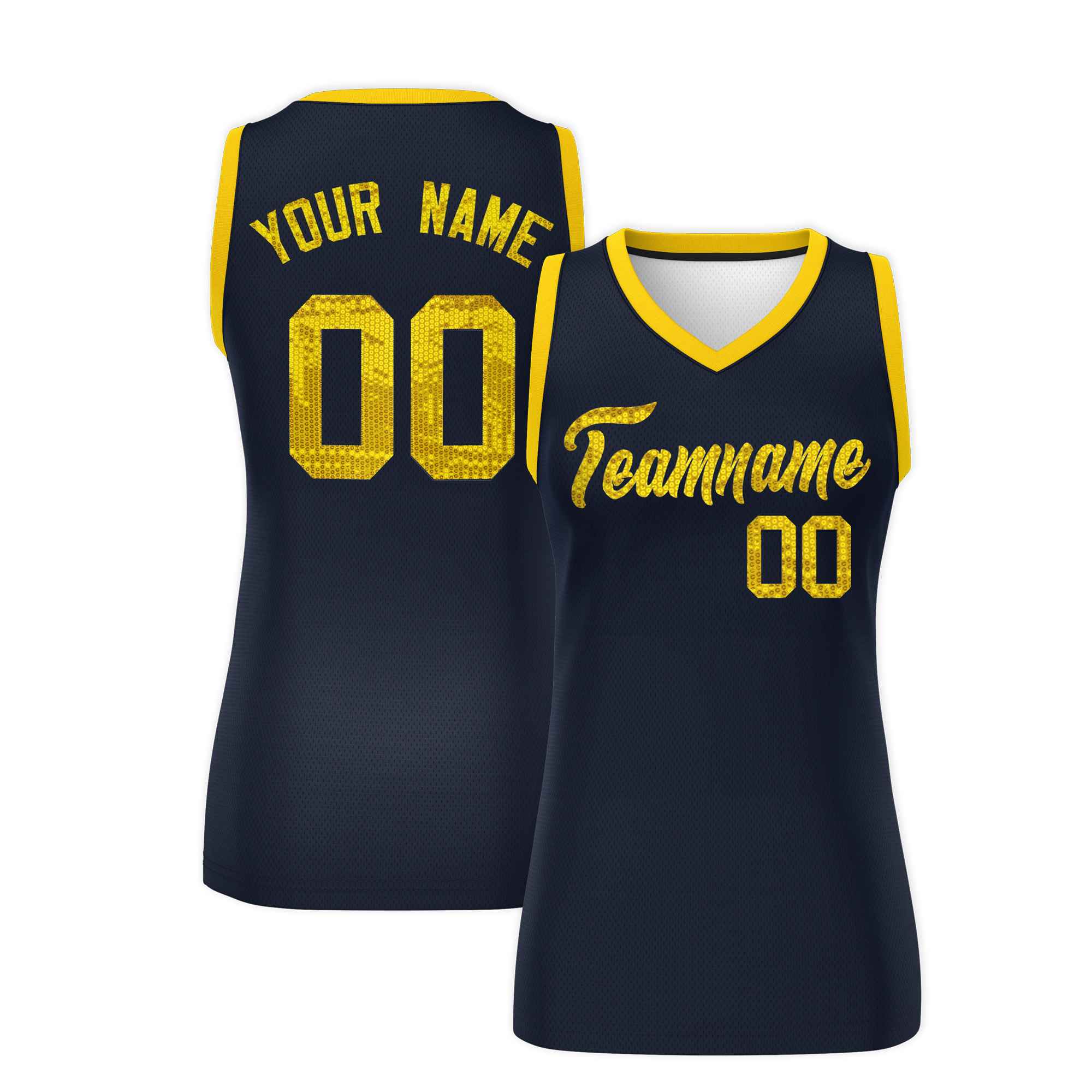 Custom Navy Gold Women Basketball Jersey Sequined Dress|KXKSHOP