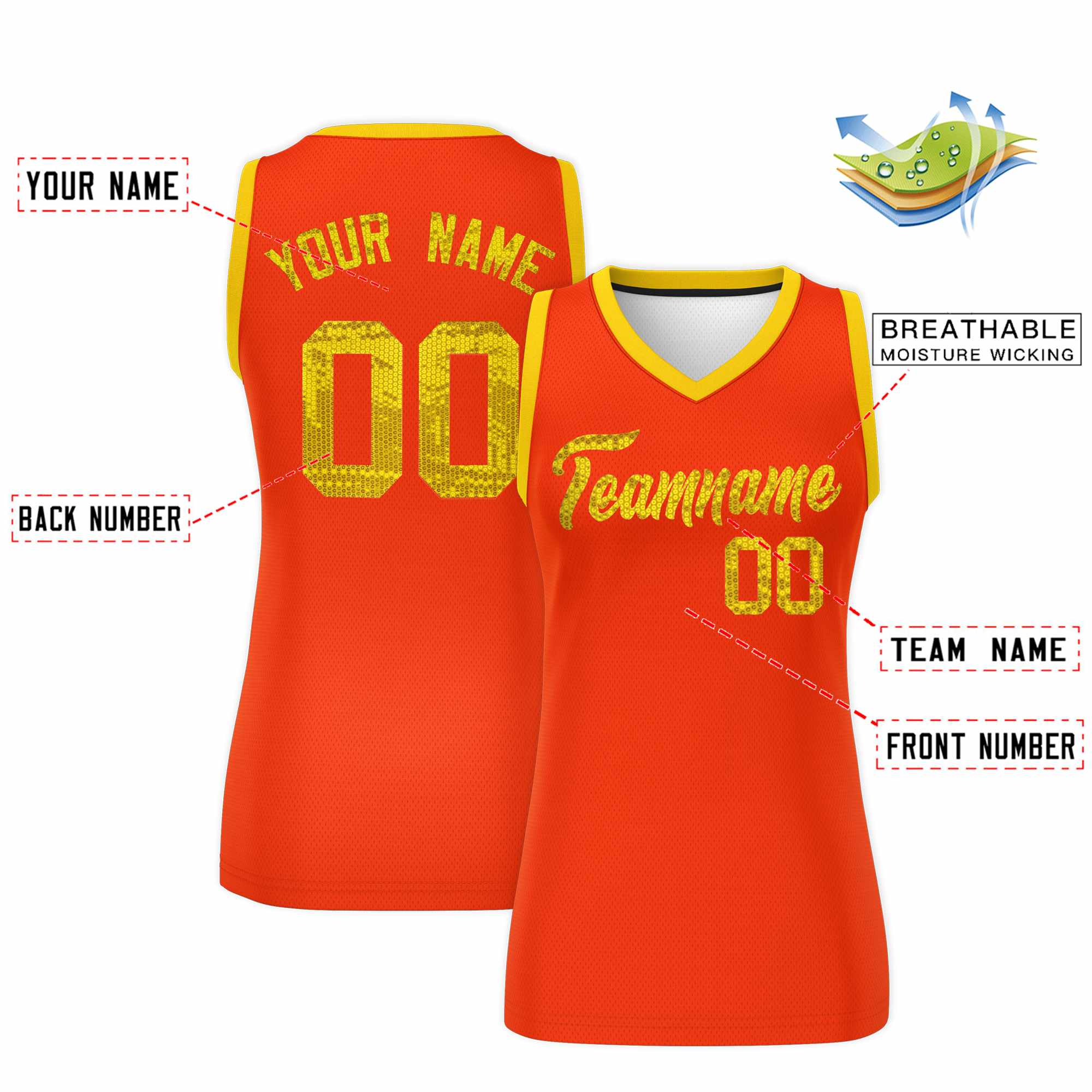 Custom Orange Gold Women Basketball Jersey Sequined Dress|KXKSHOP