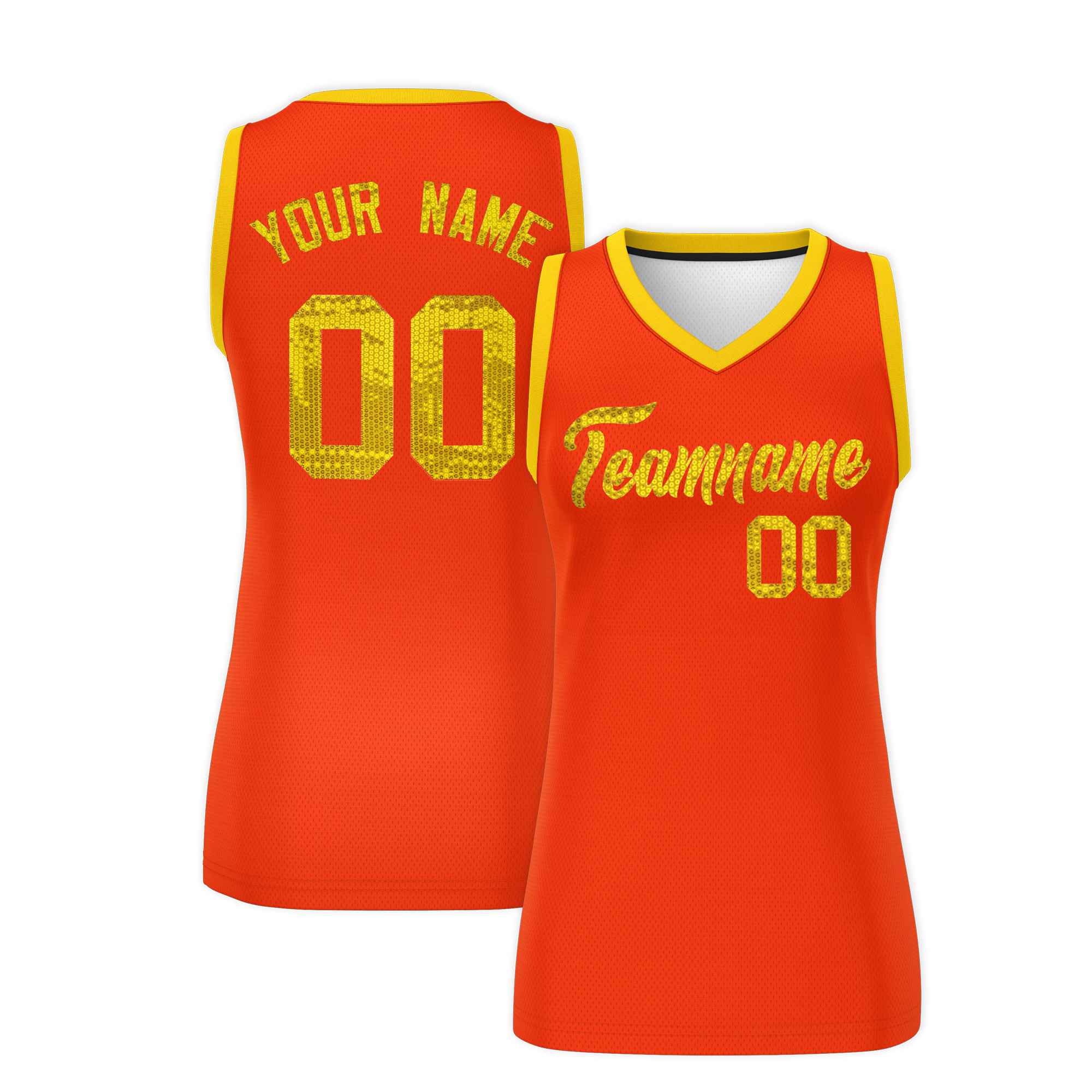 Custom Orange Gold Women Basketball Jersey Sequined Dress|KXKSHOP