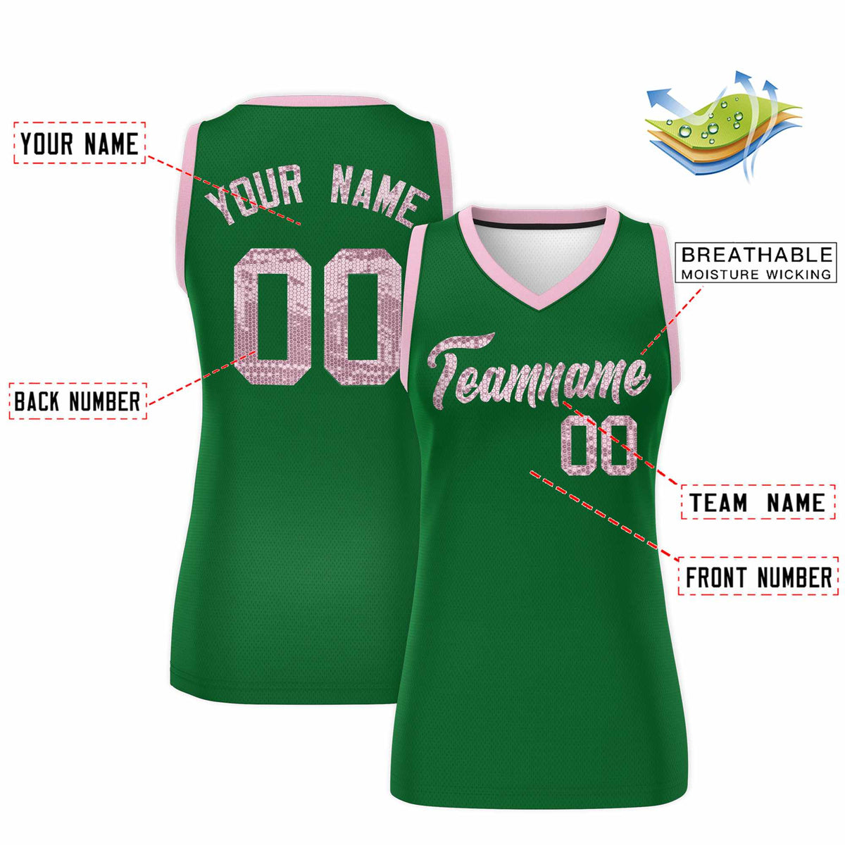Custom Kelly Green Light Pink Women Basketball Jersey Sequined Dress|KXKSHOP