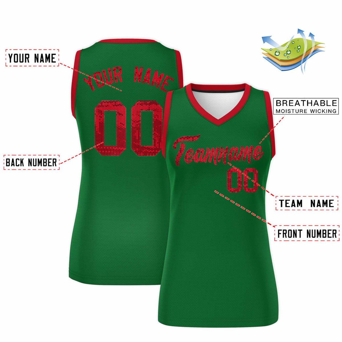 Custom Kelly Green Red Women Basketball Jersey Sequined Dress|KXKSHOP