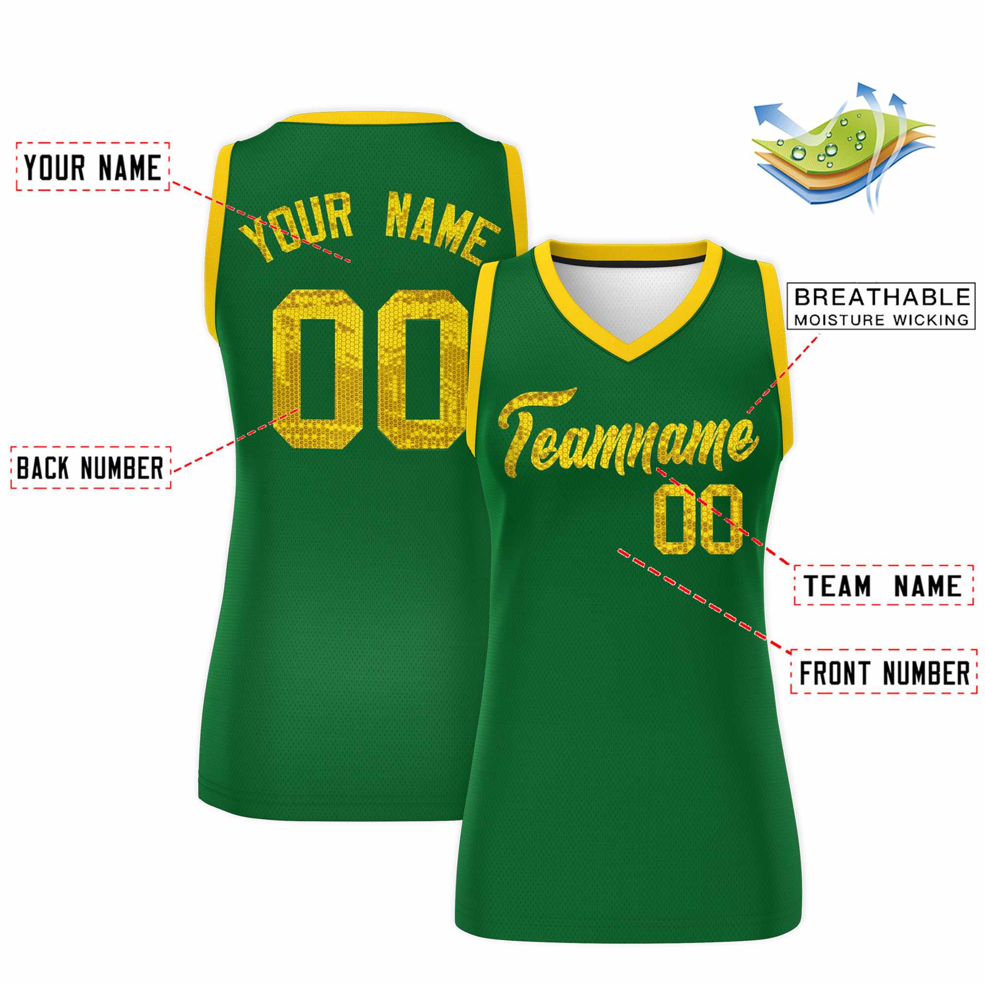 Custom Kelly Green Gold Women Basketball Jersey Sequined Dress|KXKSHOP