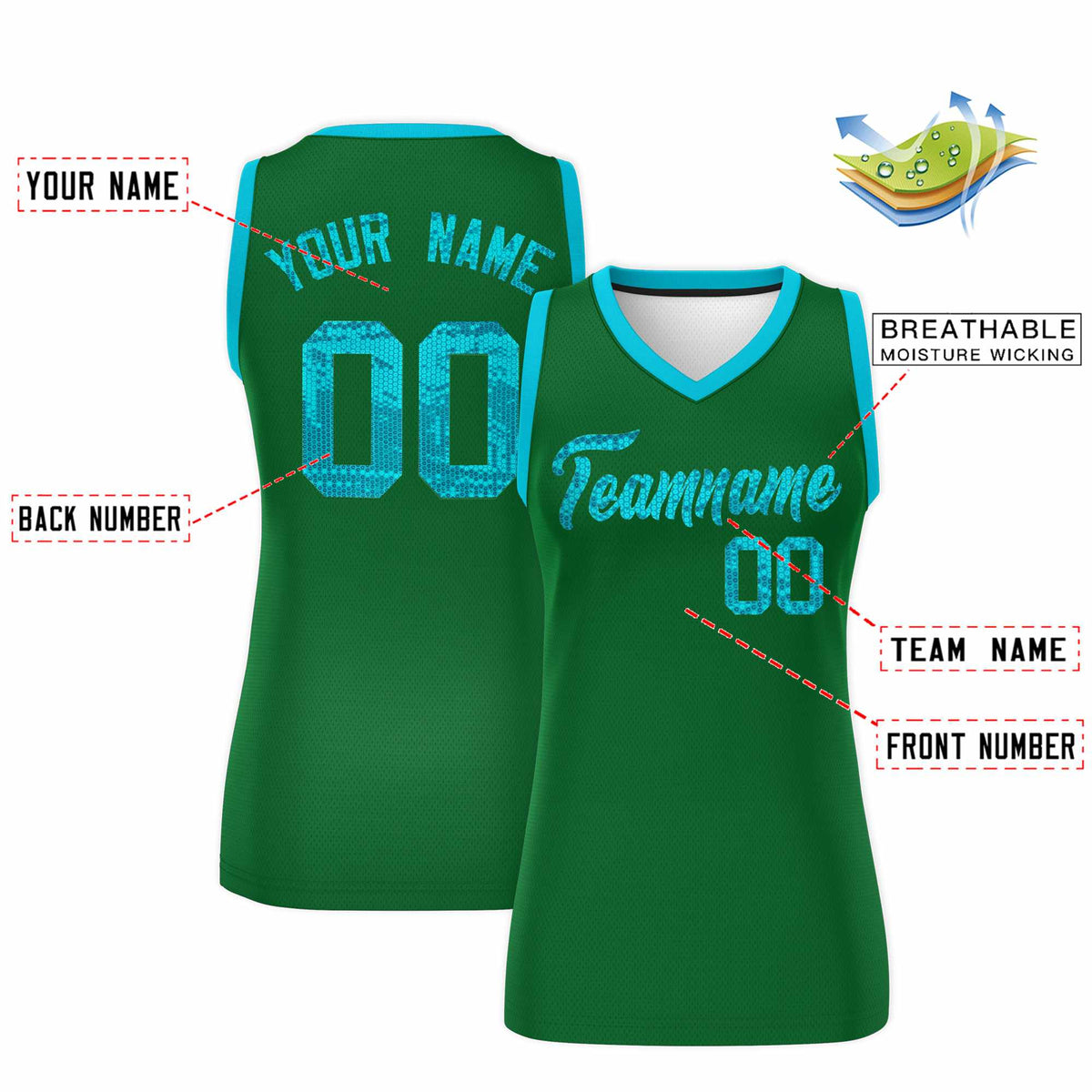 Custom Kelly Green Sky Blue Women Basketball Jersey Sequined Dress|KXKSHOP