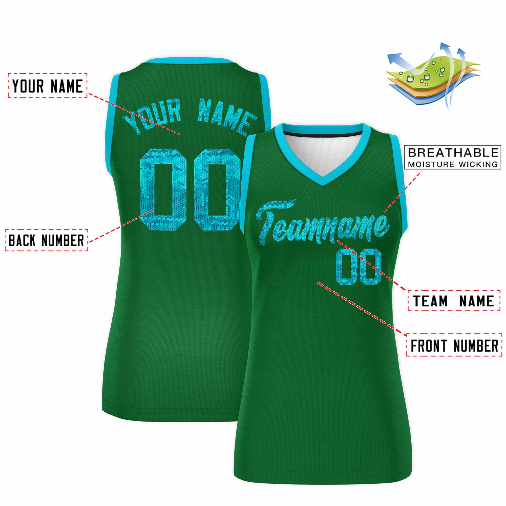 Custom Kelly Green Sky Blue Women Basketball Jersey Sequined Dress|KXKSHOP