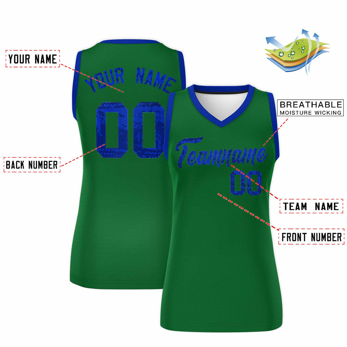 Custom Kelly Green Royal Women Basketball Jersey Sequined Dress|KXKSHOP