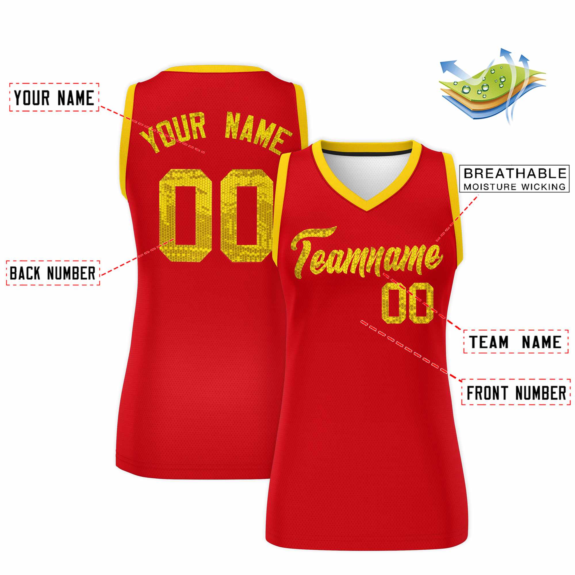 Custom Red Gold Women Basketball Jersey Sequined Dress|KXKSHOP