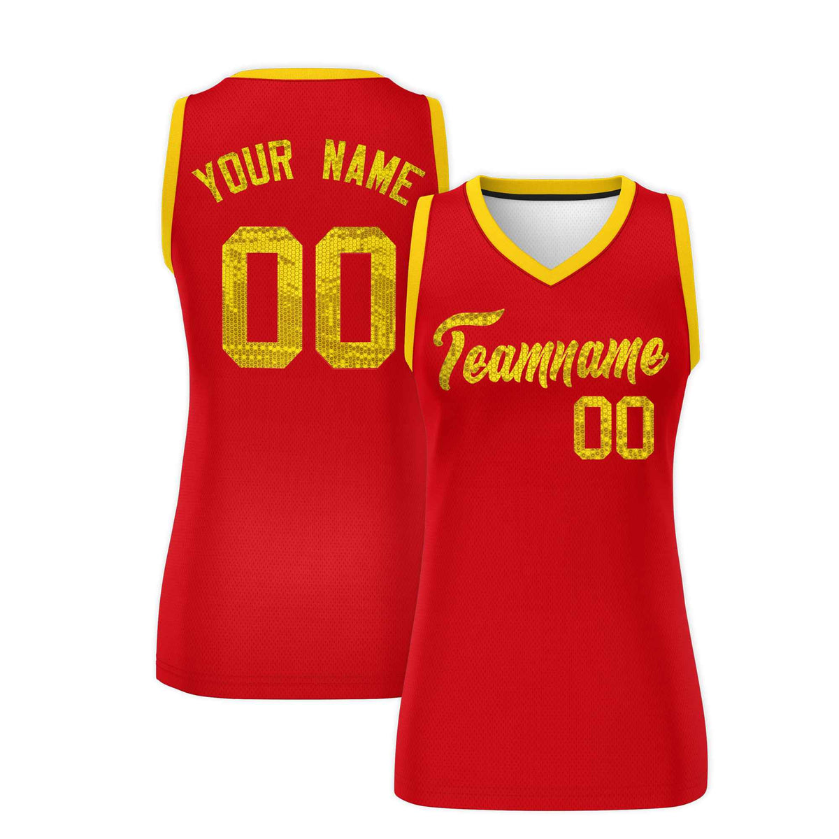 Custom Red Gold Women Basketball Jersey Sequined Dress|KXKSHOP