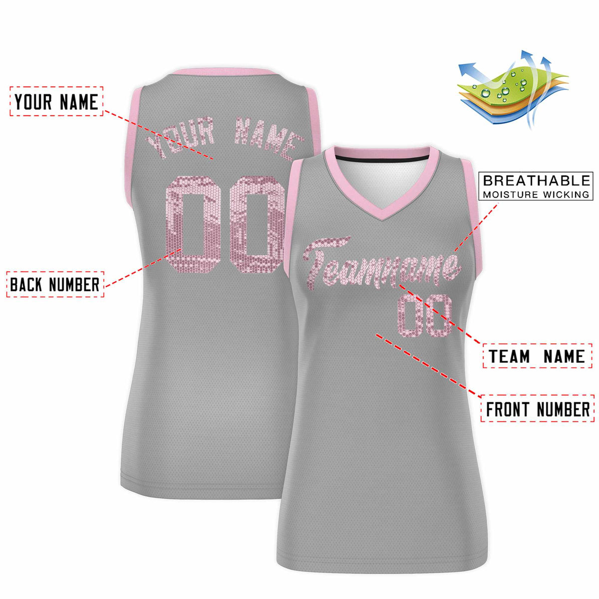 Custom Silver Light Pink Women Basketball Jersey Sequined Dress|KXKSHOP
