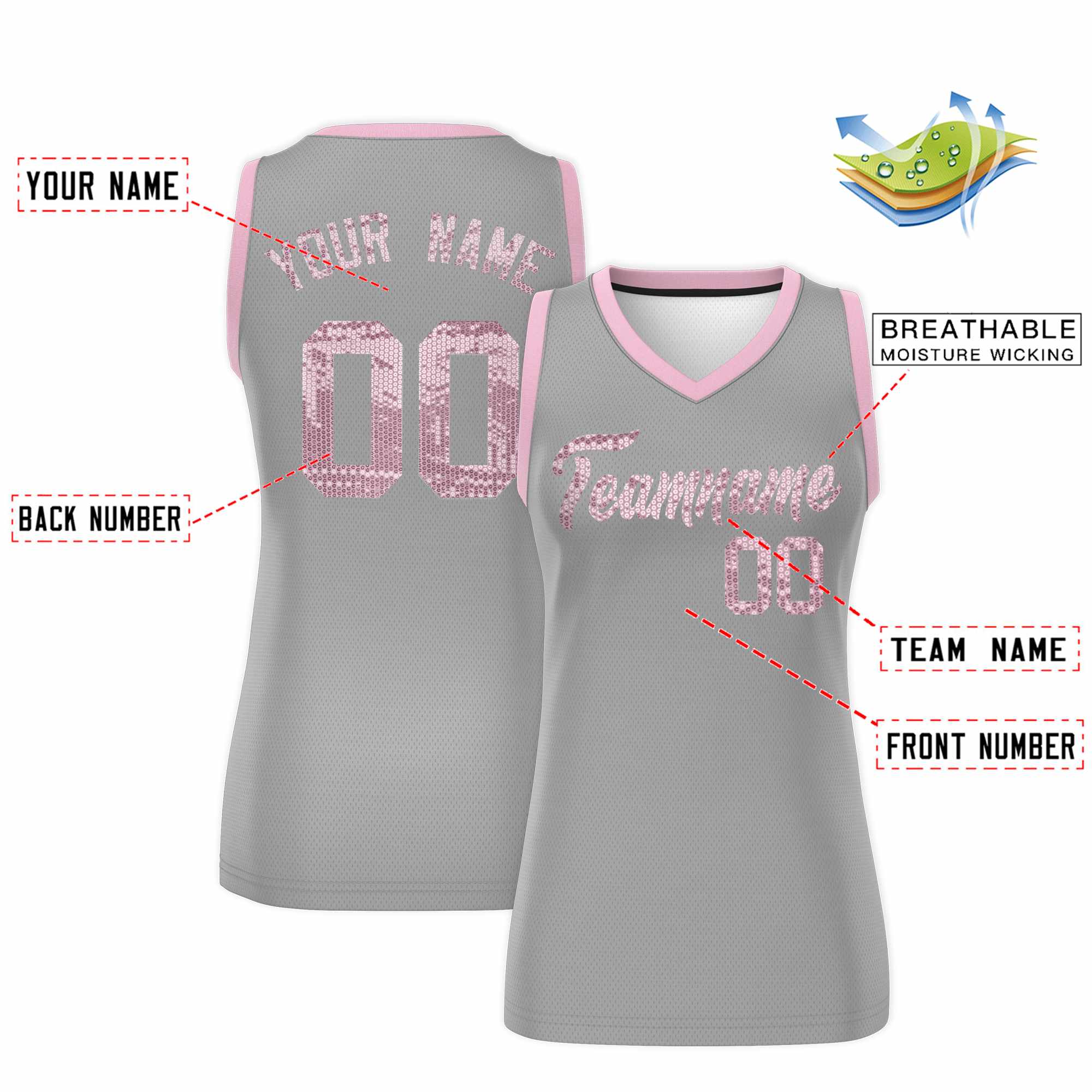 Custom Silver Light Pink Women Basketball Jersey Sequined Dress|KXKSHOP