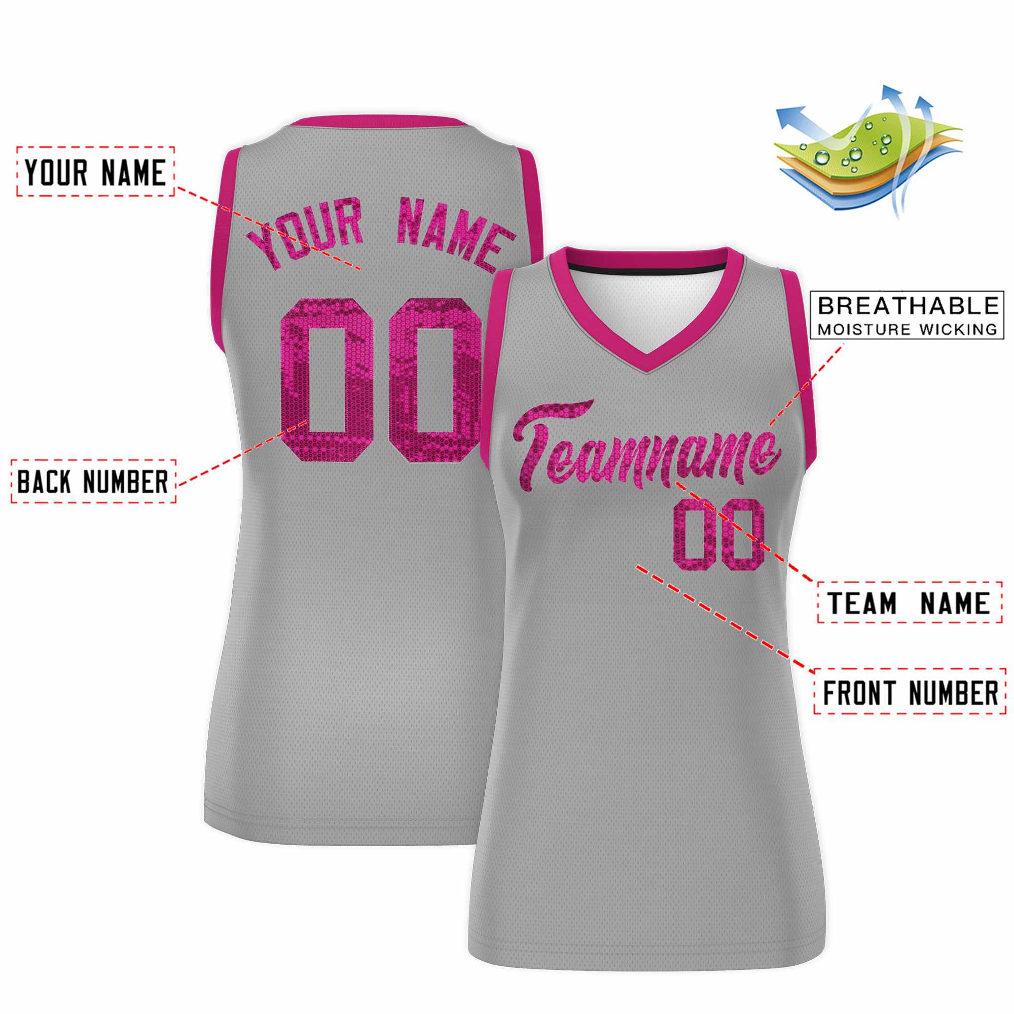 Custom Silver Pink Women Basketball Jersey Sequined Dress|KXKSHOP