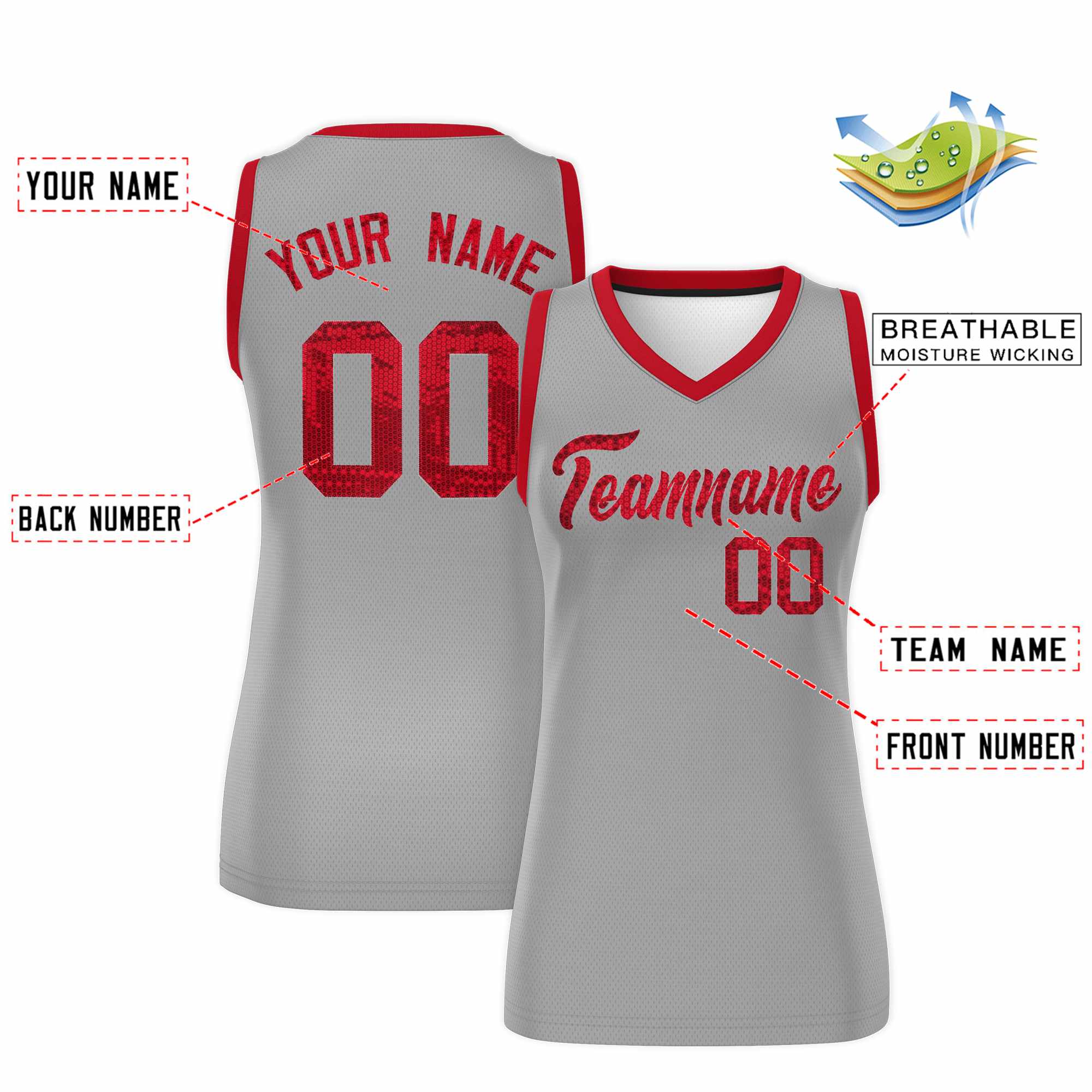 Custom Silver Red Women Basketball Jersey Sequined Dress|KXKSHOP