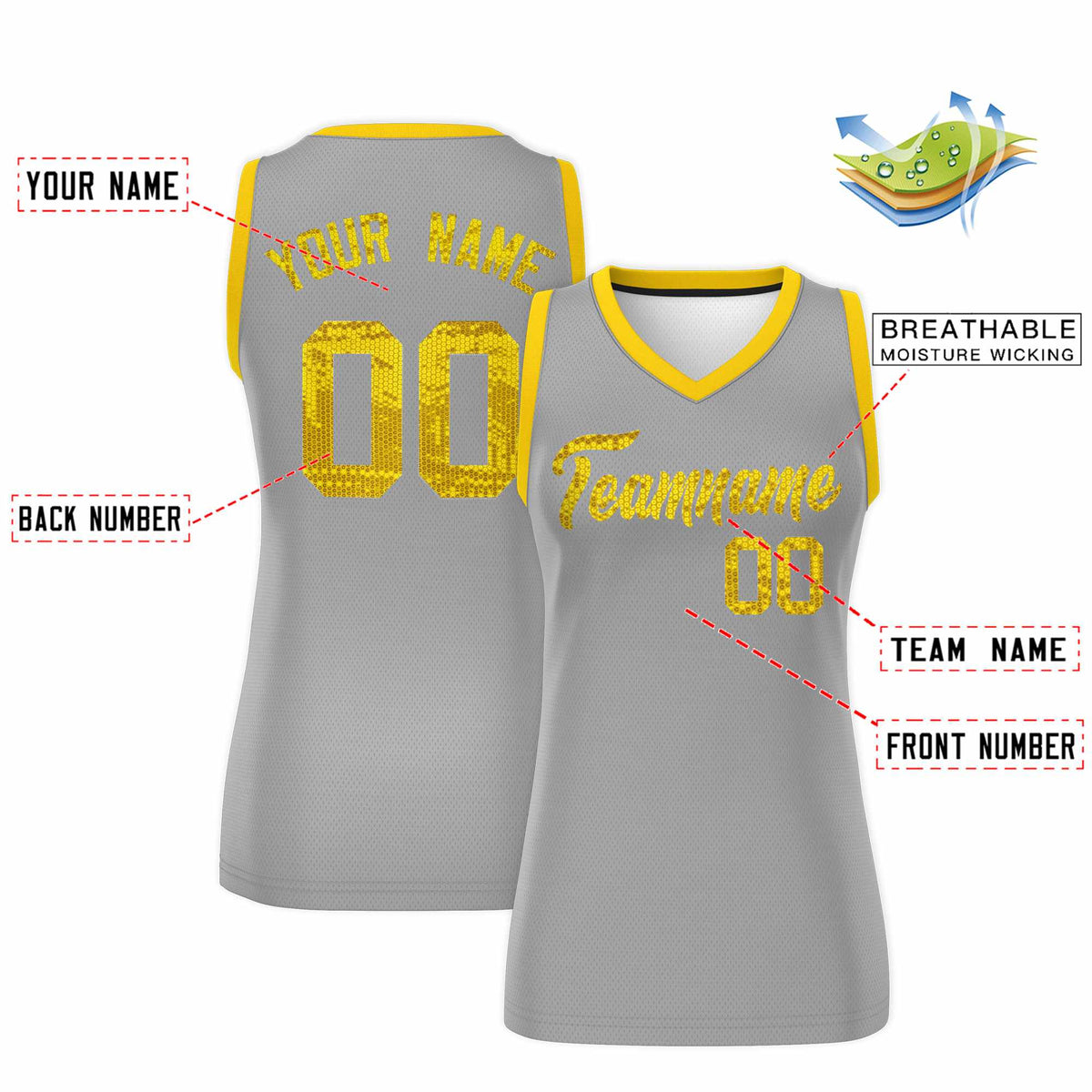 Custom Silver Gold Women Basketball Jersey Sequined Dress|KXKSHOP