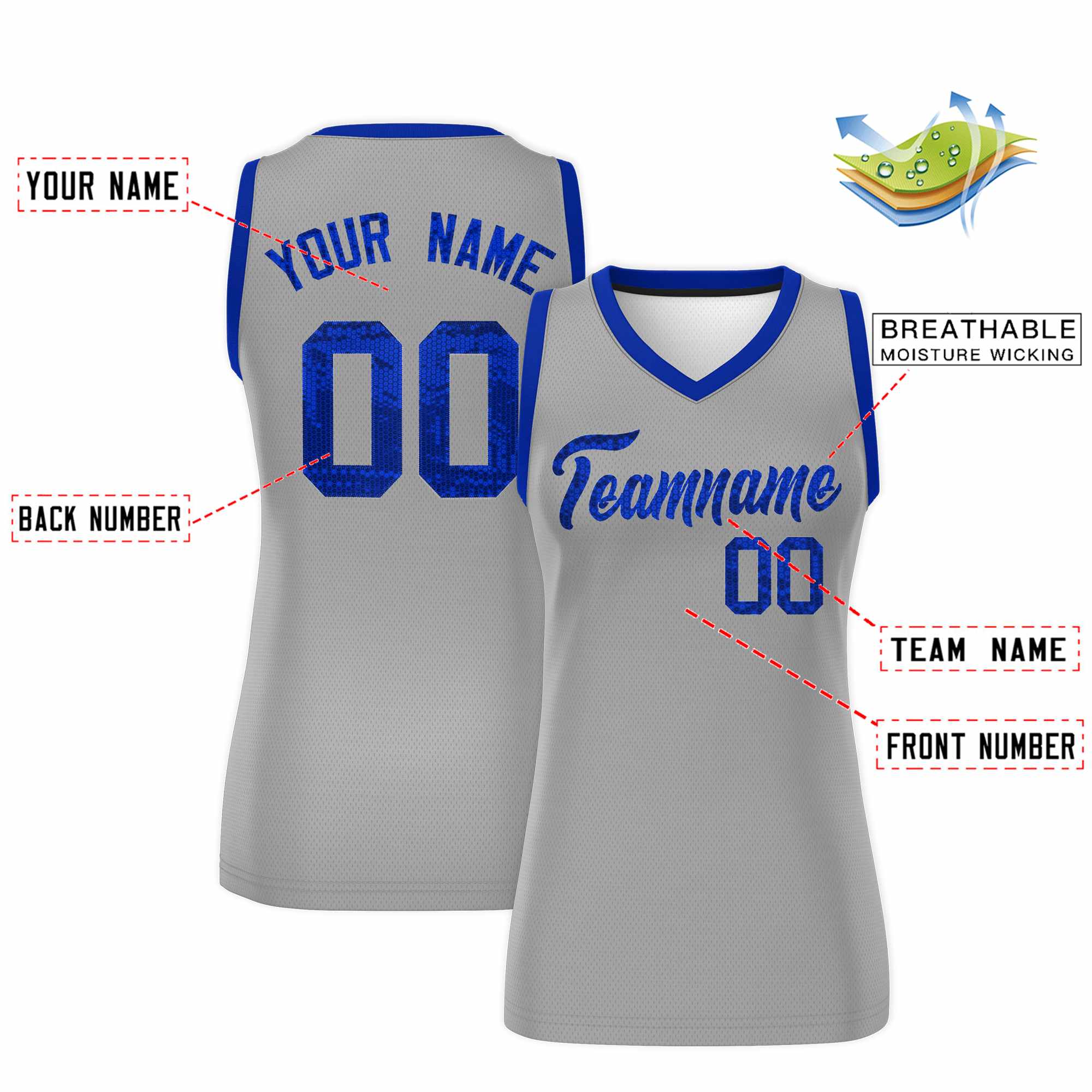 Custom Silver Royal Women Basketball Jersey Sequined Dress|KXKSHOP