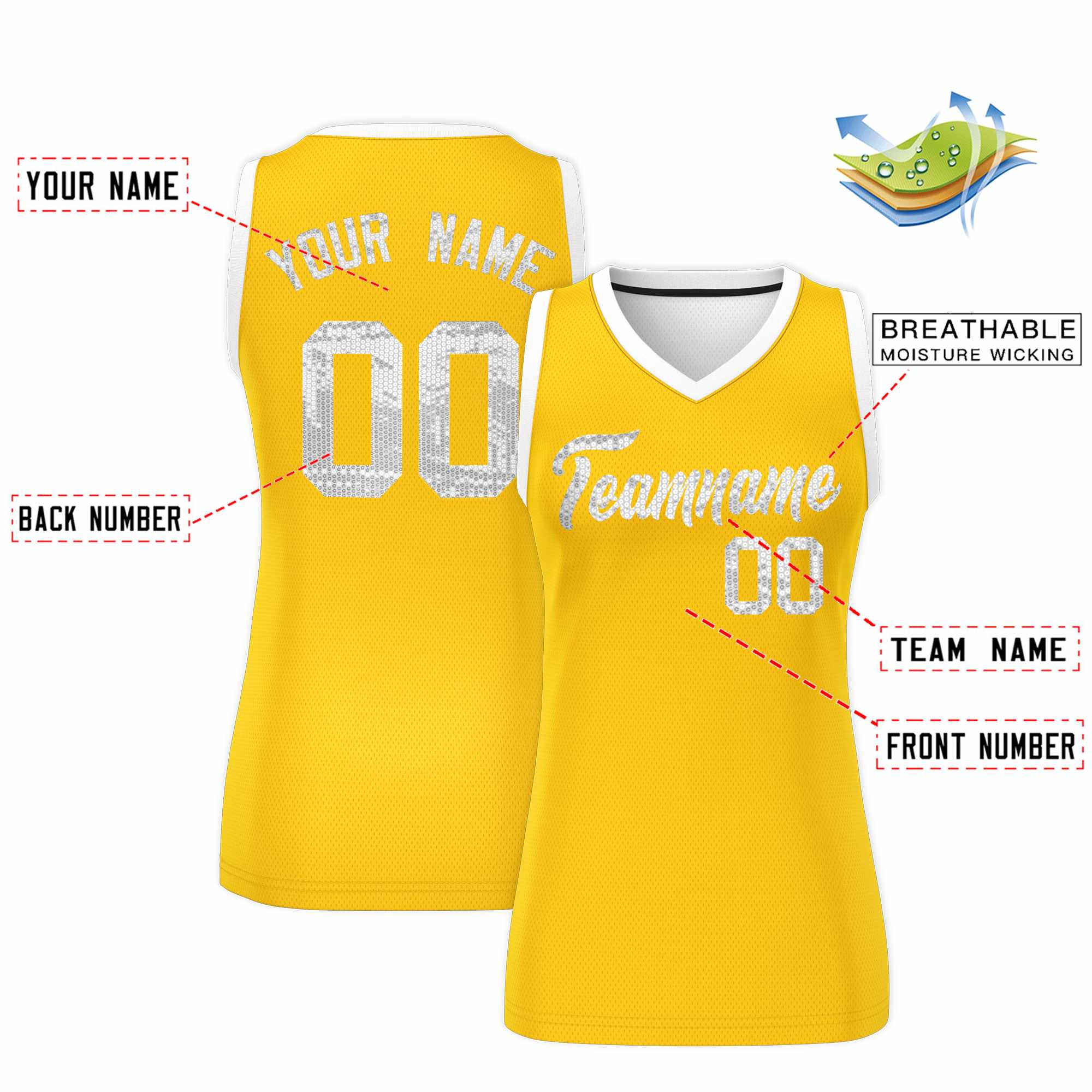 Custom Gold White Women Basketball Jersey Sequined Dress|KXKSHOP