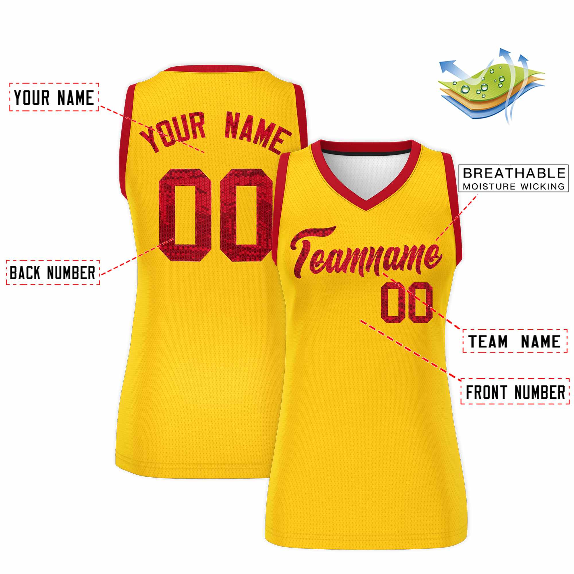 Custom Gold Red Women Basketball Jersey Sequined Dress|KXKSHOP