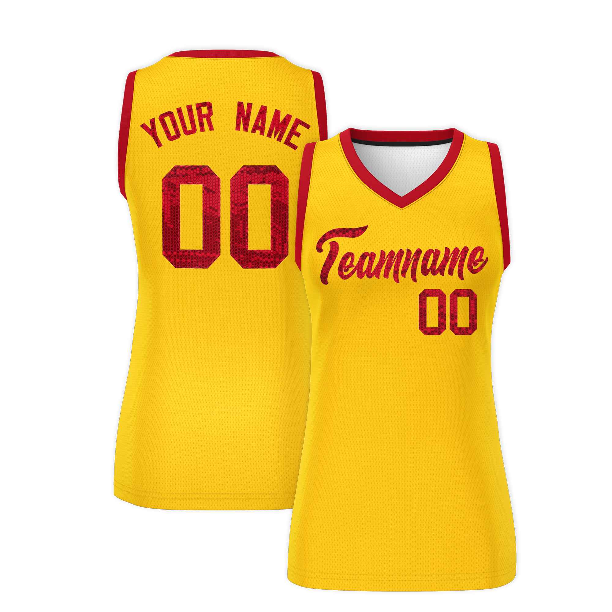 Custom Gold Red Women Basketball Jersey Sequined Dress|KXKSHOP