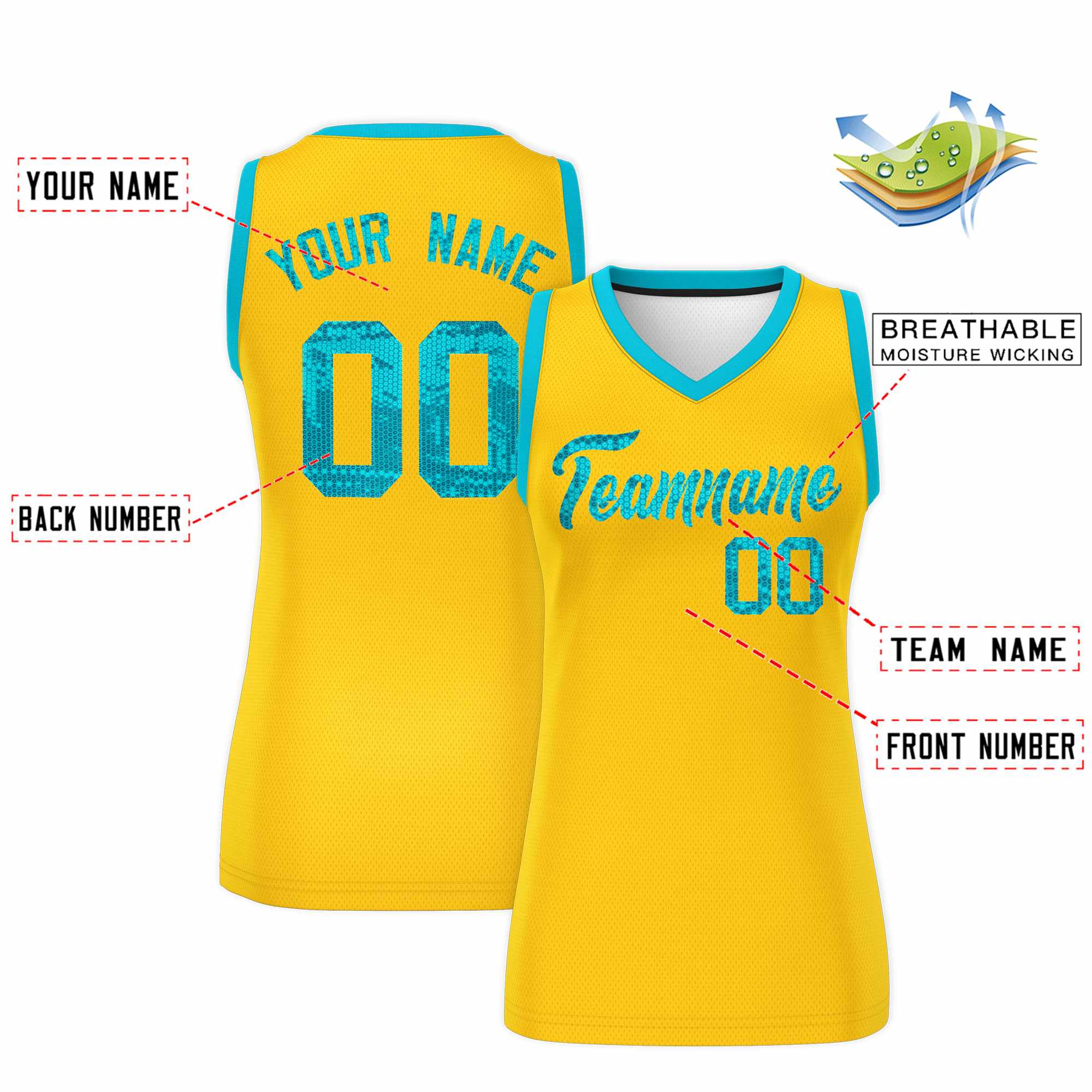 Custom Gold Sky Blue Women Basketball Jersey Sequined Dress|KXKSHOP