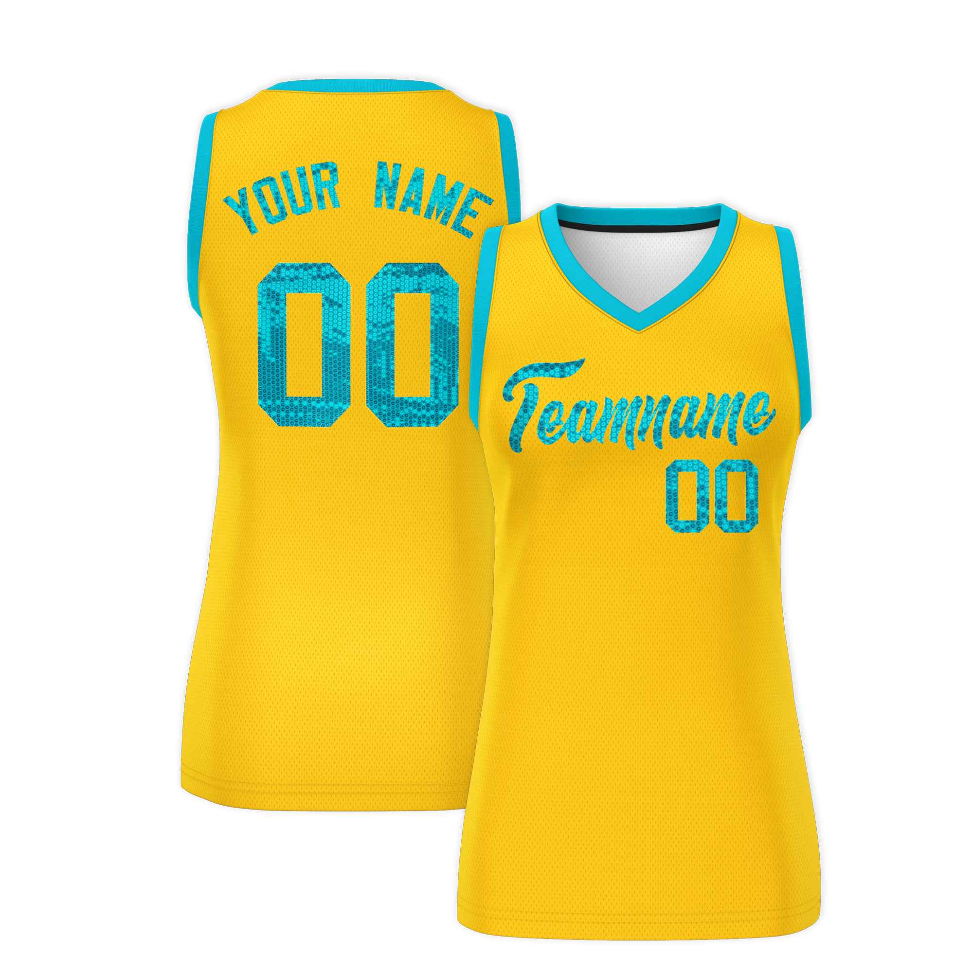 Custom Gold Sky Blue Women Basketball Jersey Sequined Dress|KXKSHOP