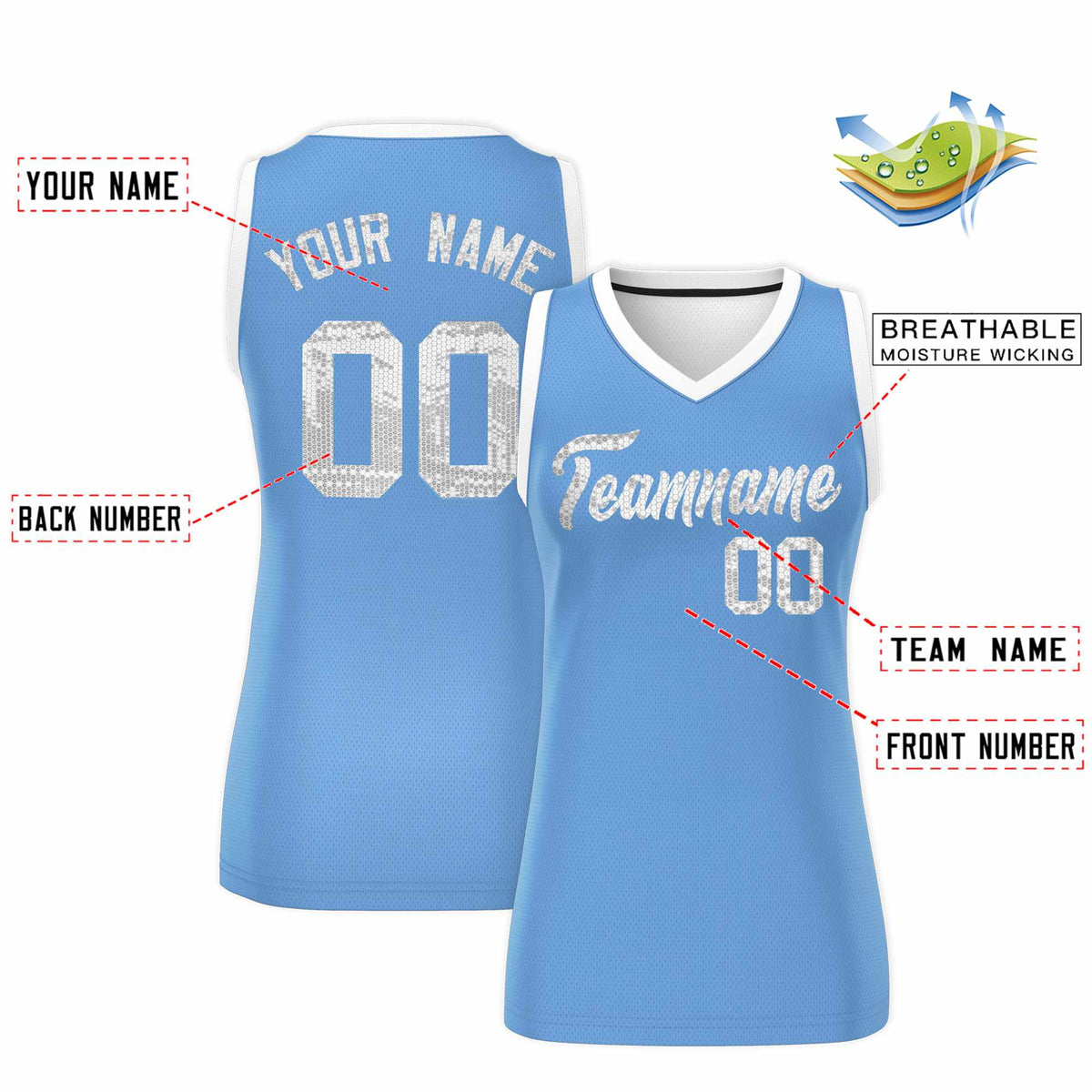 Custom Light Blue White Women Basketball Jersey Sequined Dress|KXKSHOP
