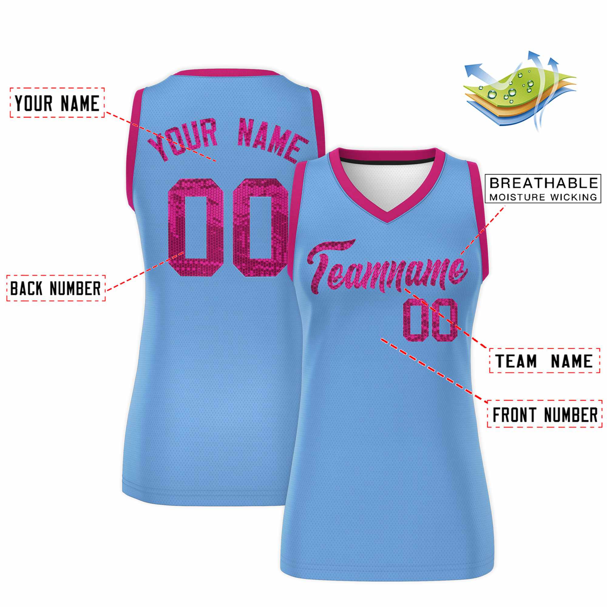 Custom Light Blue Pink Women Basketball Jersey Sequined Dress|KXKSHOP