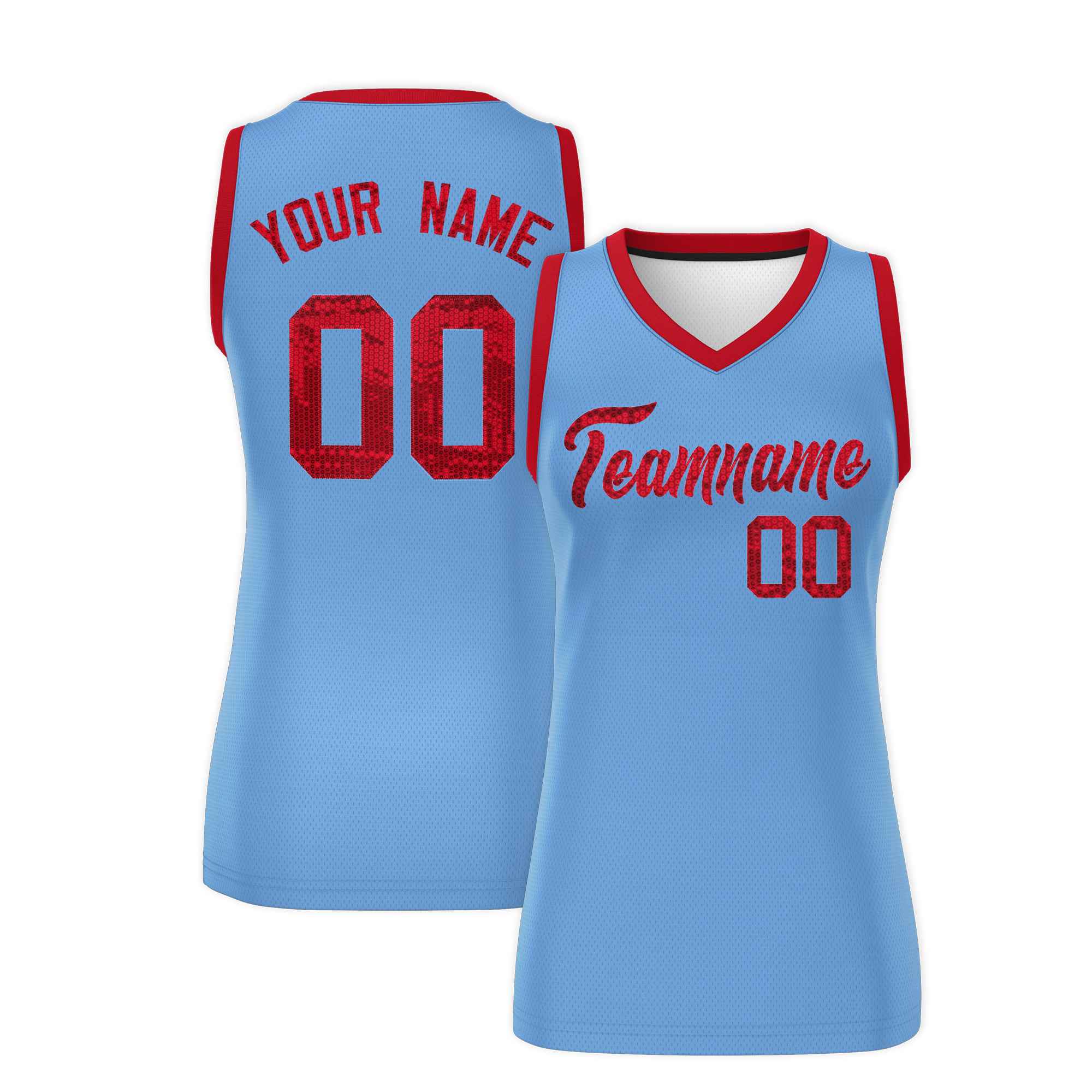 Custom Light Blue Red Women Basketball Jersey Sequined Dress|KXKSHOP