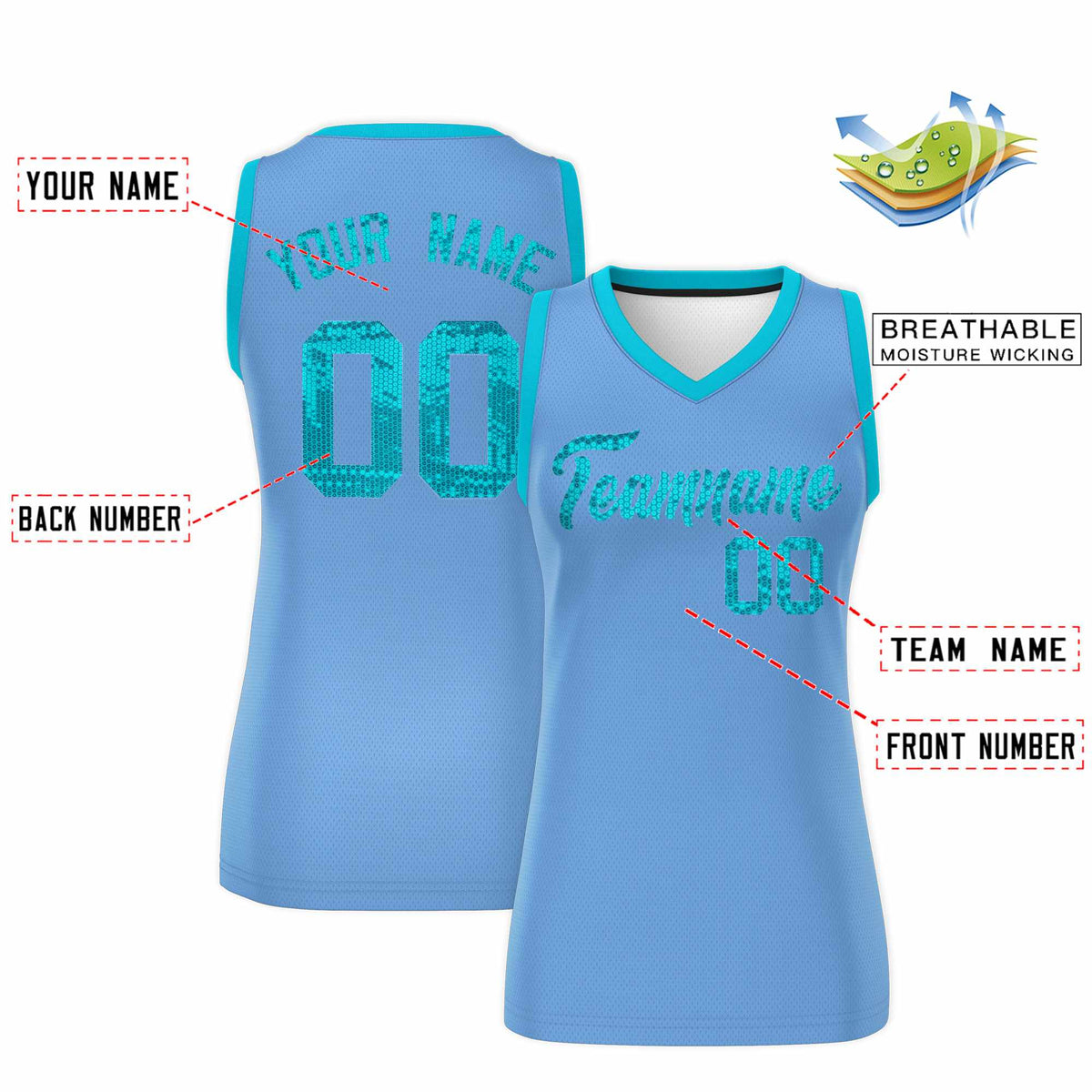 Custom Light Blue Sky Blue Women Basketball Jersey Sequined Dress|KXKSHOP