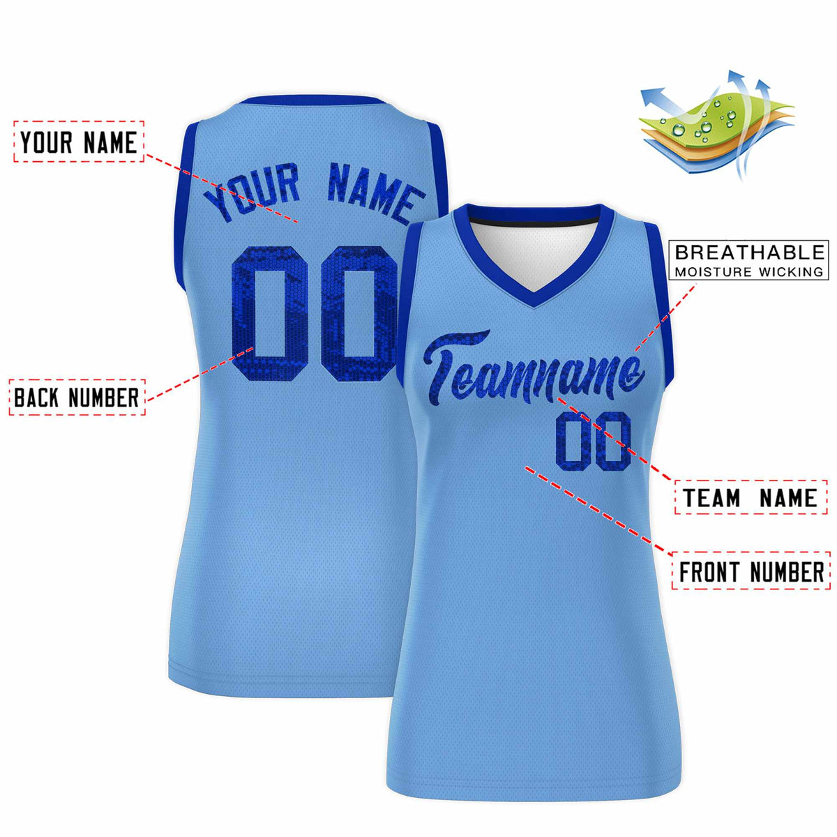 Custom Light Blue Royal Women Basketball Jersey Sequined Dress|KXKSHOP